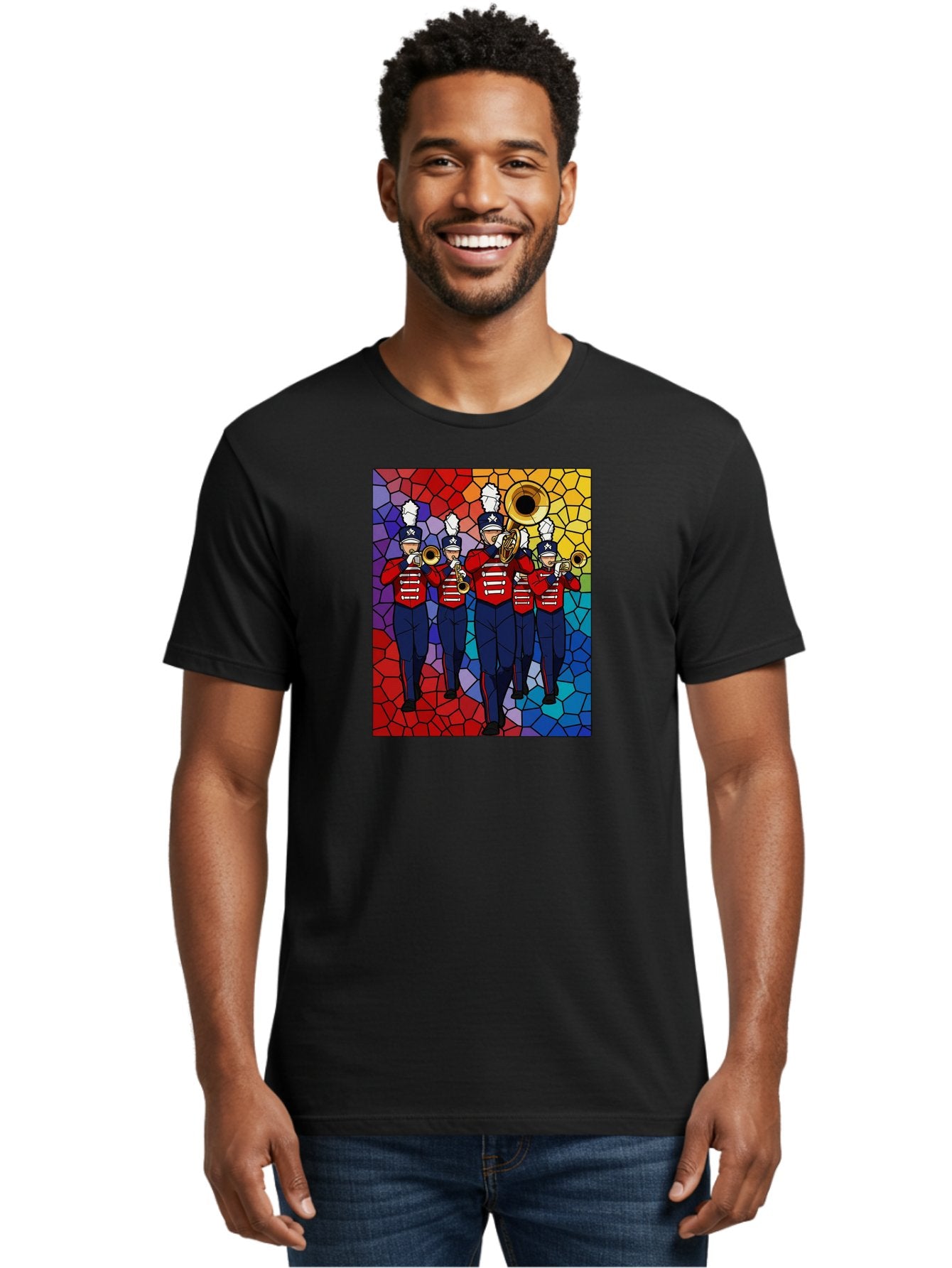Marching-Band-1 Men'S Graphic Tee, 100% Cotton, Comfortable Casual Summer Wear, Machine Washable, Marching Band, Military Band, Musicians In Uniform, Playing Brass Instruments, Stained Glass Art, Vibrant Colors, Red And Blue Uniforms, Bad295 26