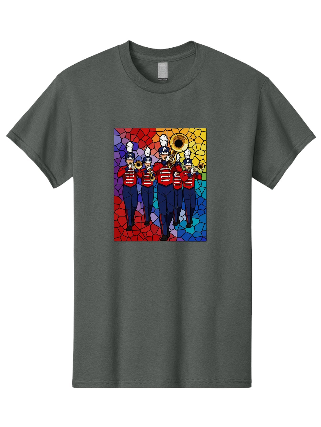Marching-Band-1 Men'S Graphic Tee, 100% Cotton, Comfortable Casual Summer Wear, Machine Washable, Marching Band, Military Band, Musicians In Uniform, Playing Brass Instruments, Stained Glass Art, Vibrant Colors, Red And Blue Uniforms, Bad295 6