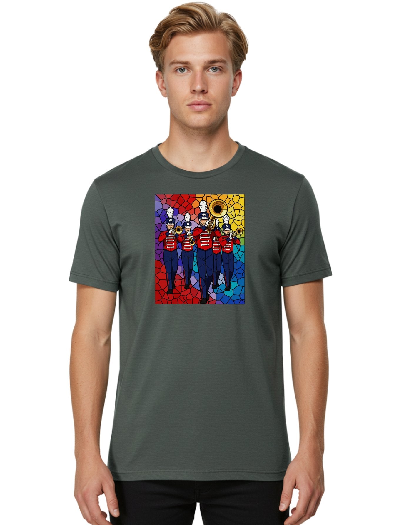 Marching-Band-1 Men'S Graphic Tee, 100% Cotton, Comfortable Casual Summer Wear, Machine Washable, Marching Band, Military Band, Musicians In Uniform, Playing Brass Instruments, Stained Glass Art, Vibrant Colors, Red And Blue Uniforms, Bad295 24