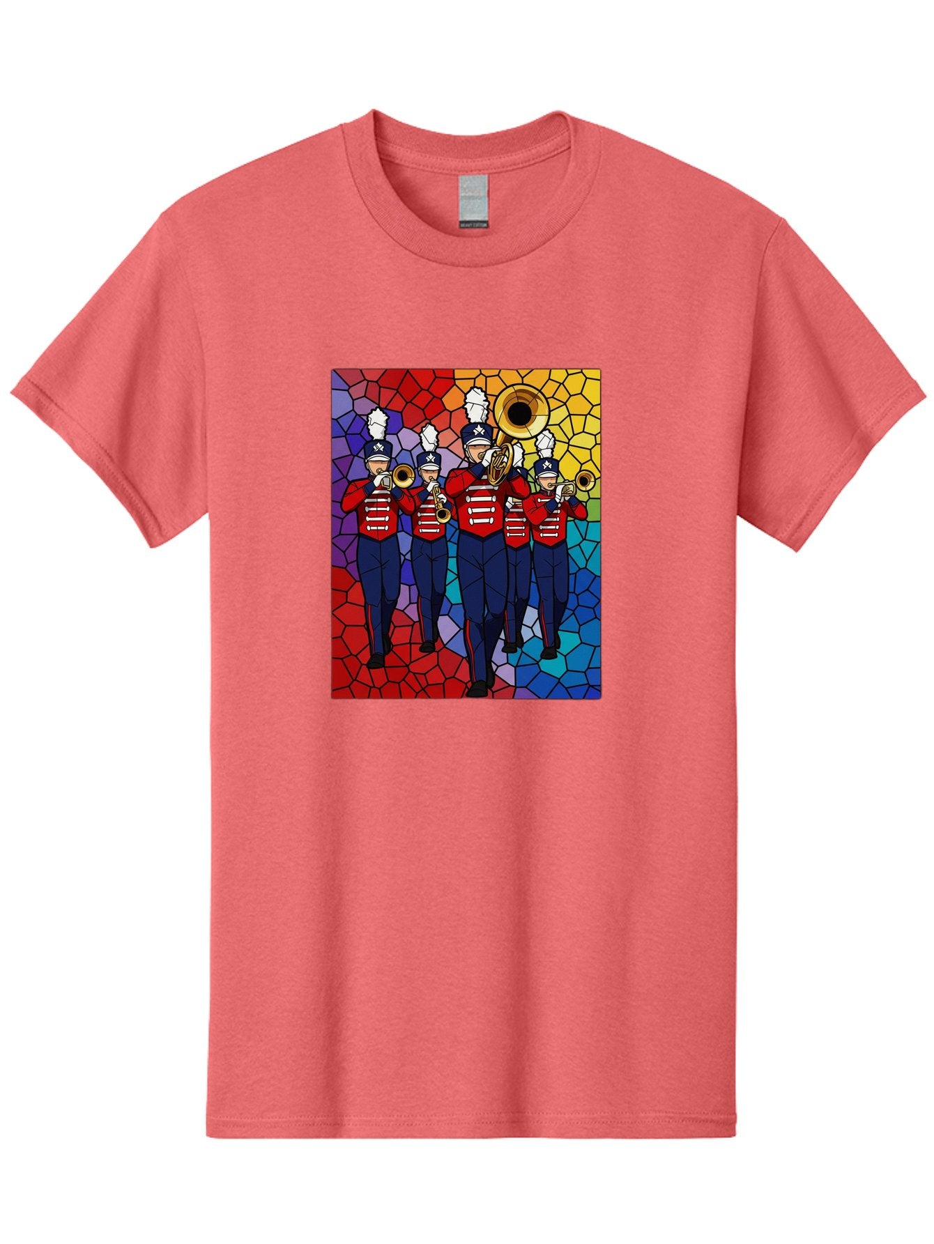 Marching-Band-1 Men'S Graphic Tee, 100% Cotton, Comfortable Casual Summer Wear, Machine Washable, Marching Band, Military Band, Musicians In Uniform, Playing Brass Instruments, Stained Glass Art, Vibrant Colors, Red And Blue Uniforms, Bad295 4