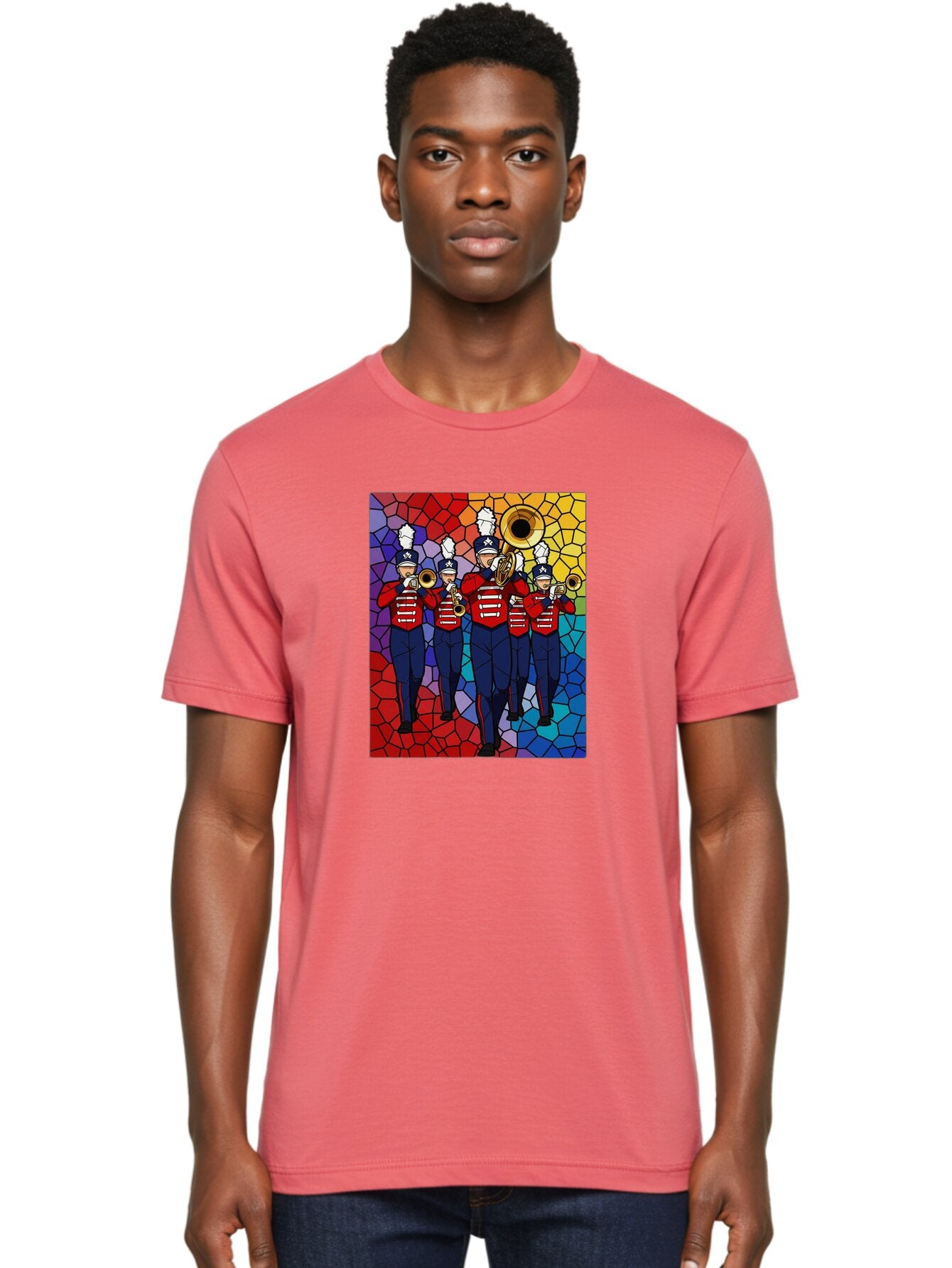 Marching-Band-1 Men'S Graphic Tee, 100% Cotton, Comfortable Casual Summer Wear, Machine Washable, Marching Band, Military Band, Musicians In Uniform, Playing Brass Instruments, Stained Glass Art, Vibrant Colors, Red And Blue Uniforms, Bad295 18