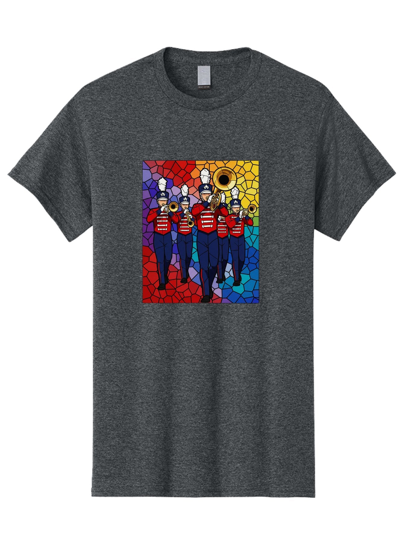 Marching-Band-1 Men'S Graphic Tee, 100% Cotton, Comfortable Casual Summer Wear, Machine Washable, Marching Band, Military Band, Musicians In Uniform, Playing Brass Instruments, Stained Glass Art, Vibrant Colors, Red And Blue Uniforms, Bad295 15