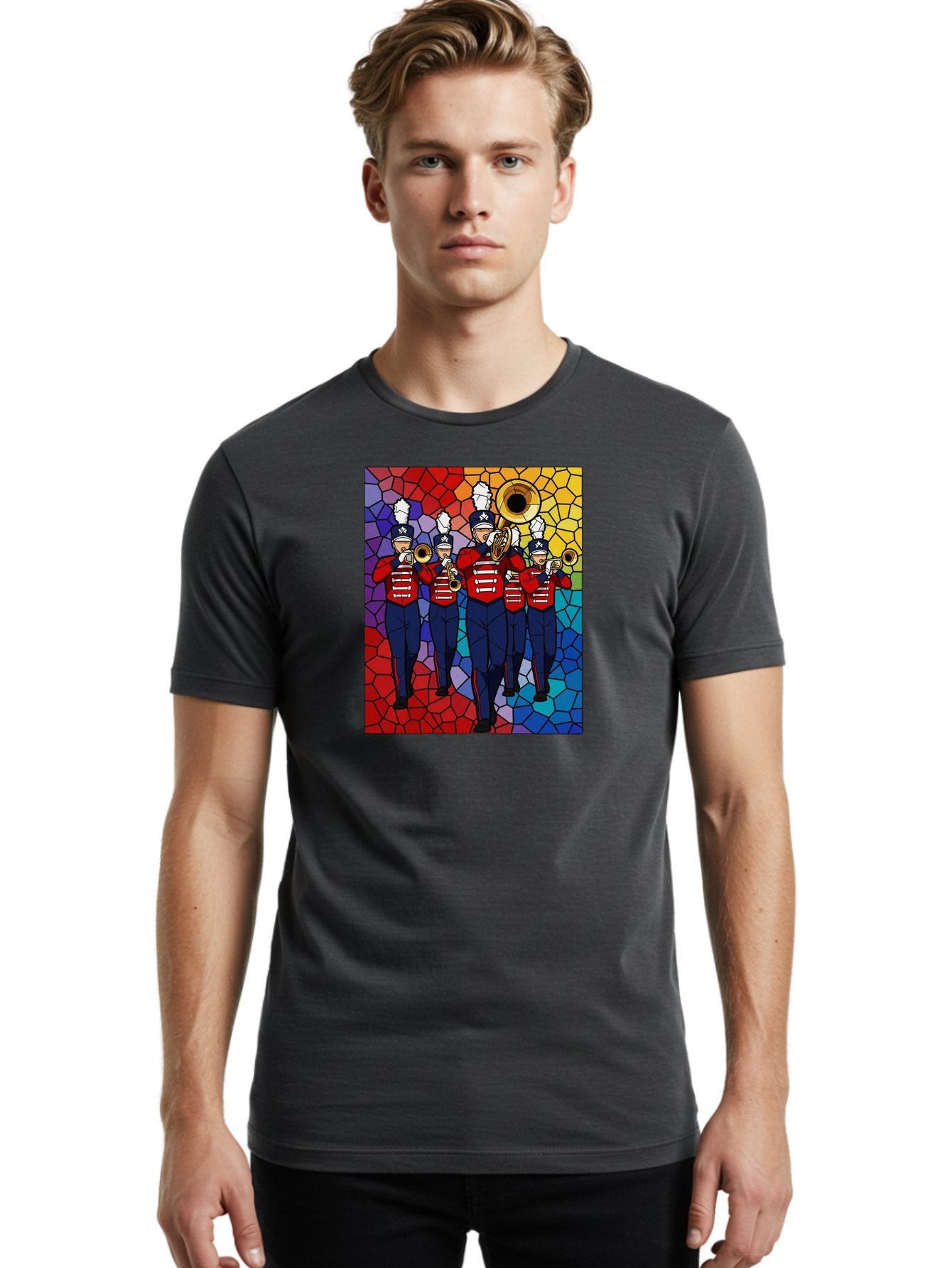 Marching-Band-1 Men'S Graphic Tee, 100% Cotton, Comfortable Casual Summer Wear, Machine Washable, Marching Band, Military Band, Musicians In Uniform, Playing Brass Instruments, Stained Glass Art, Vibrant Colors, Red And Blue Uniforms, Bad295 30