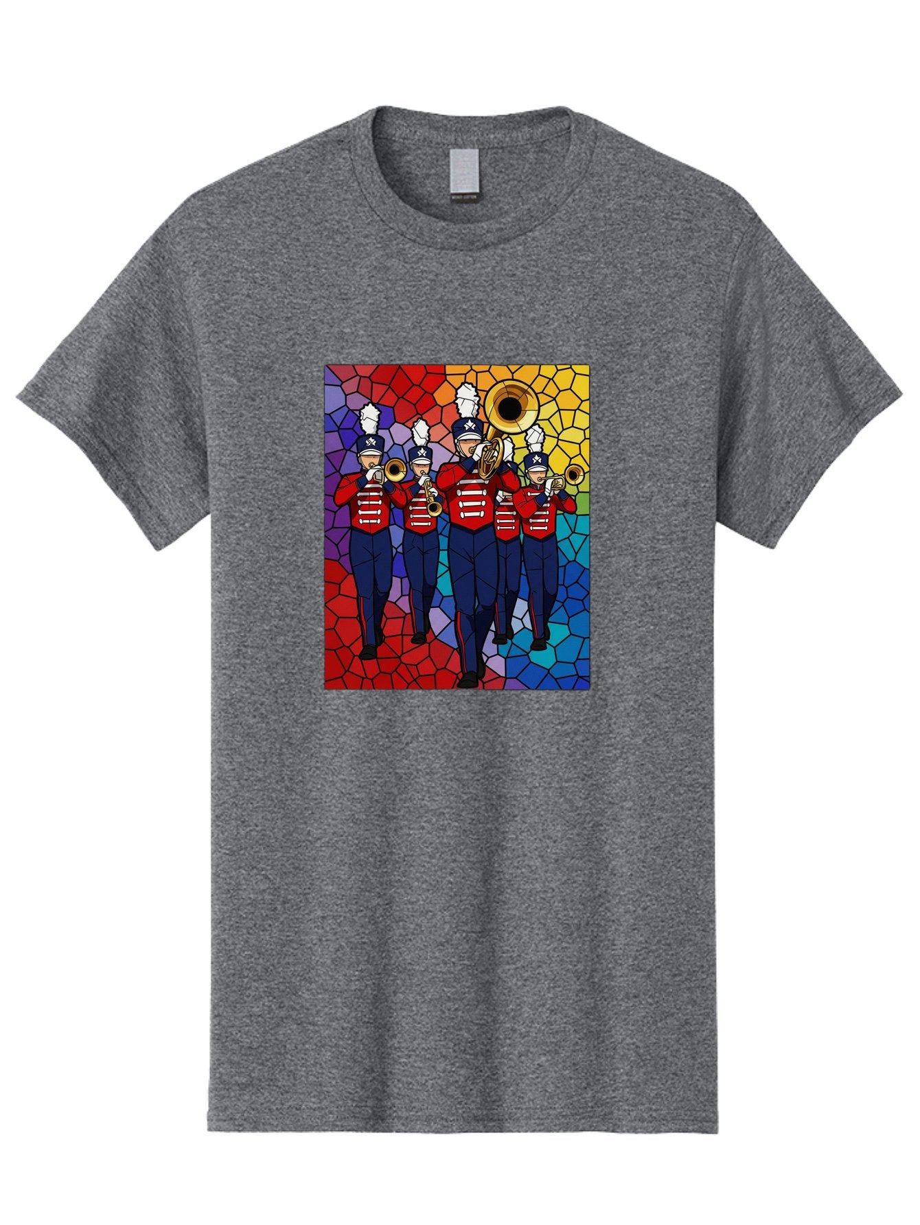 Marching-Band-1 Men'S Graphic Tee, 100% Cotton, Comfortable Casual Summer Wear, Machine Washable, Marching Band, Military Band, Musicians In Uniform, Playing Brass Instruments, Stained Glass Art, Vibrant Colors, Red And Blue Uniforms, Bad295