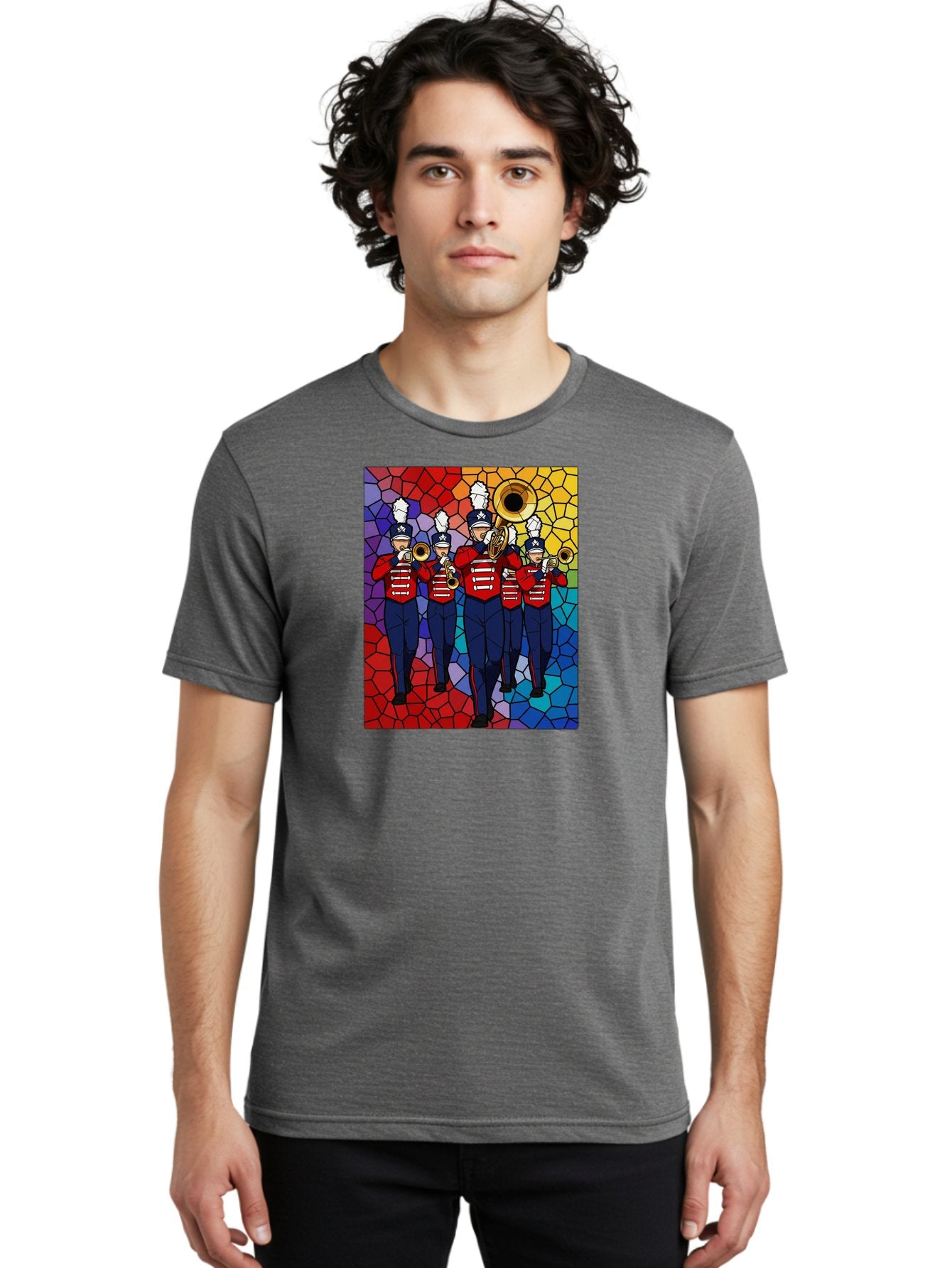 Marching-Band-1 Men'S Graphic Tee, 100% Cotton, Comfortable Casual Summer Wear, Machine Washable, Marching Band, Military Band, Musicians In Uniform, Playing Brass Instruments, Stained Glass Art, Vibrant Colors, Red And Blue Uniforms, Bad295 21