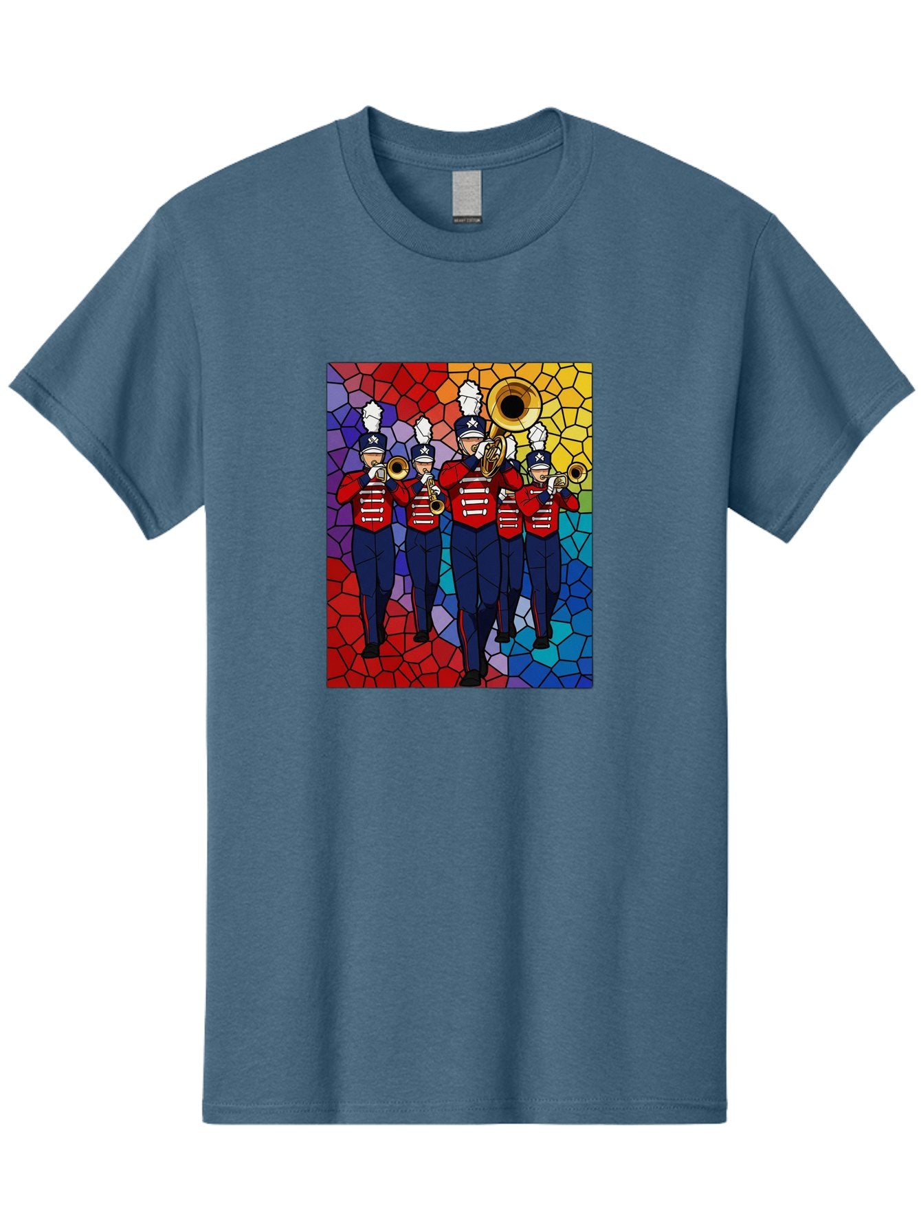 Marching-Band-1 Men'S Graphic Tee, 100% Cotton, Comfortable Casual Summer Wear, Machine Washable, Marching Band, Military Band, Musicians In Uniform, Playing Brass Instruments, Stained Glass Art, Vibrant Colors, Red And Blue Uniforms, Bad295 12