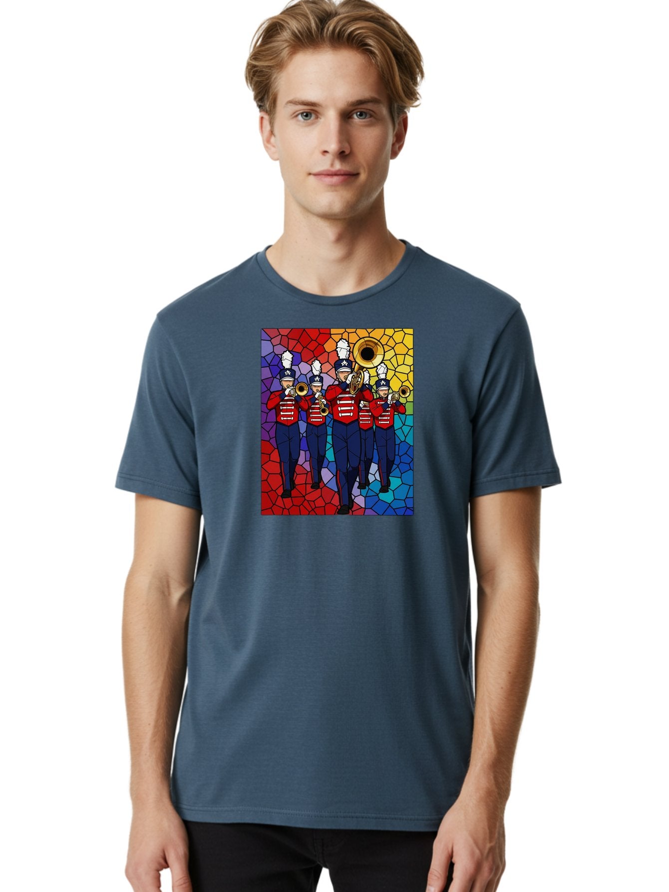 Marching-Band-1 Men'S Graphic Tee, 100% Cotton, Comfortable Casual Summer Wear, Machine Washable, Marching Band, Military Band, Musicians In Uniform, Playing Brass Instruments, Stained Glass Art, Vibrant Colors, Red And Blue Uniforms, Bad295 28