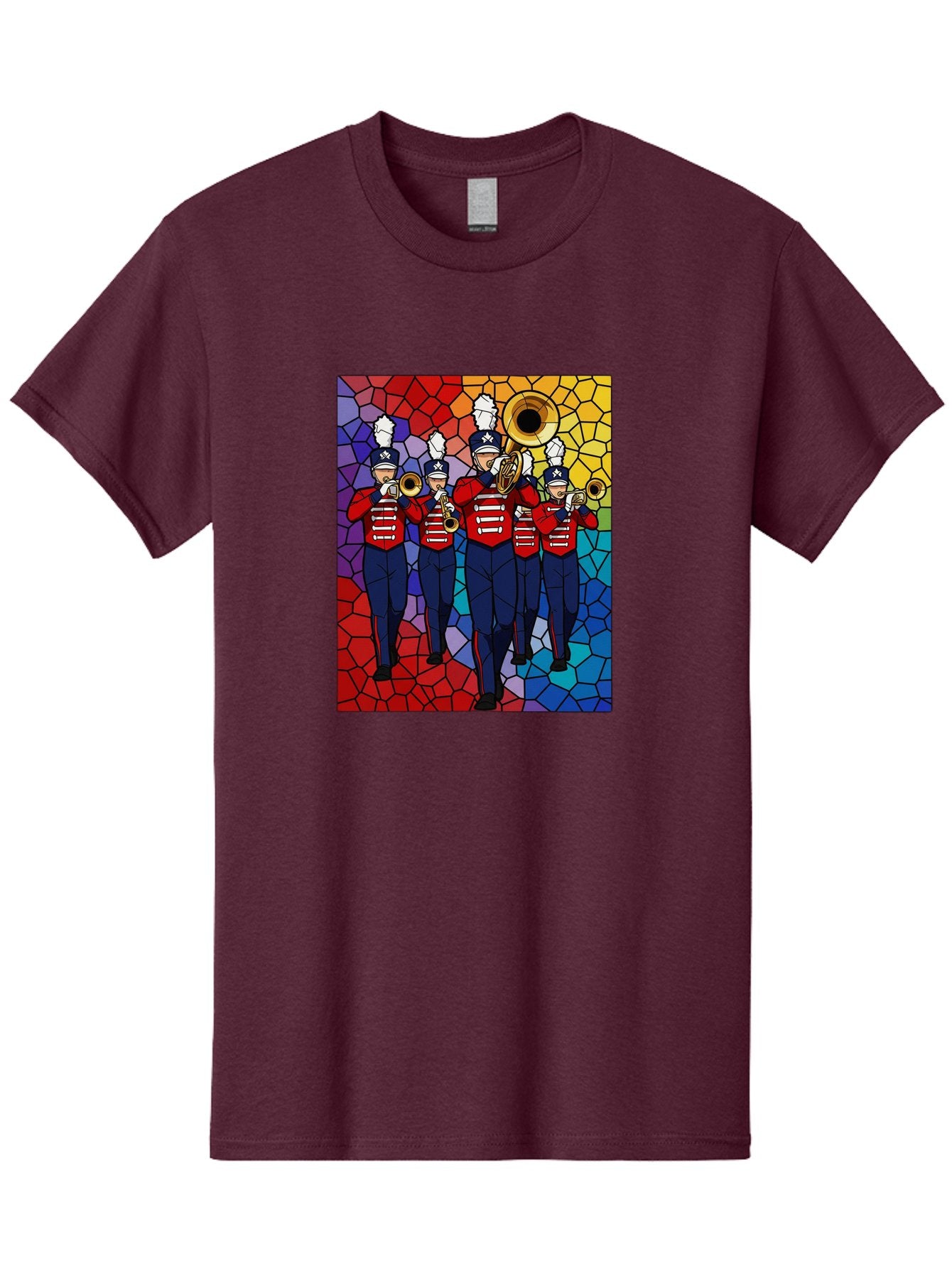 Marching-Band-1 Men'S Graphic Tee, 100% Cotton, Comfortable Casual Summer Wear, Machine Washable, Marching Band, Military Band, Musicians In Uniform, Playing Brass Instruments, Stained Glass Art, Vibrant Colors, Red And Blue Uniforms, Bad295 8