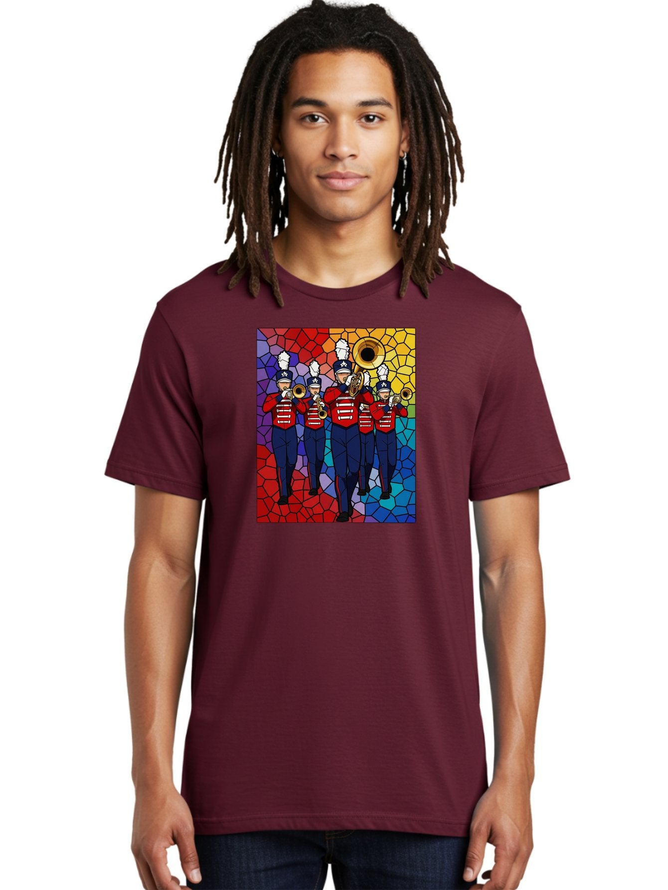 Marching-Band-1 Men'S Graphic Tee, 100% Cotton, Comfortable Casual Summer Wear, Machine Washable, Marching Band, Military Band, Musicians In Uniform, Playing Brass Instruments, Stained Glass Art, Vibrant Colors, Red And Blue Uniforms, Bad295 25