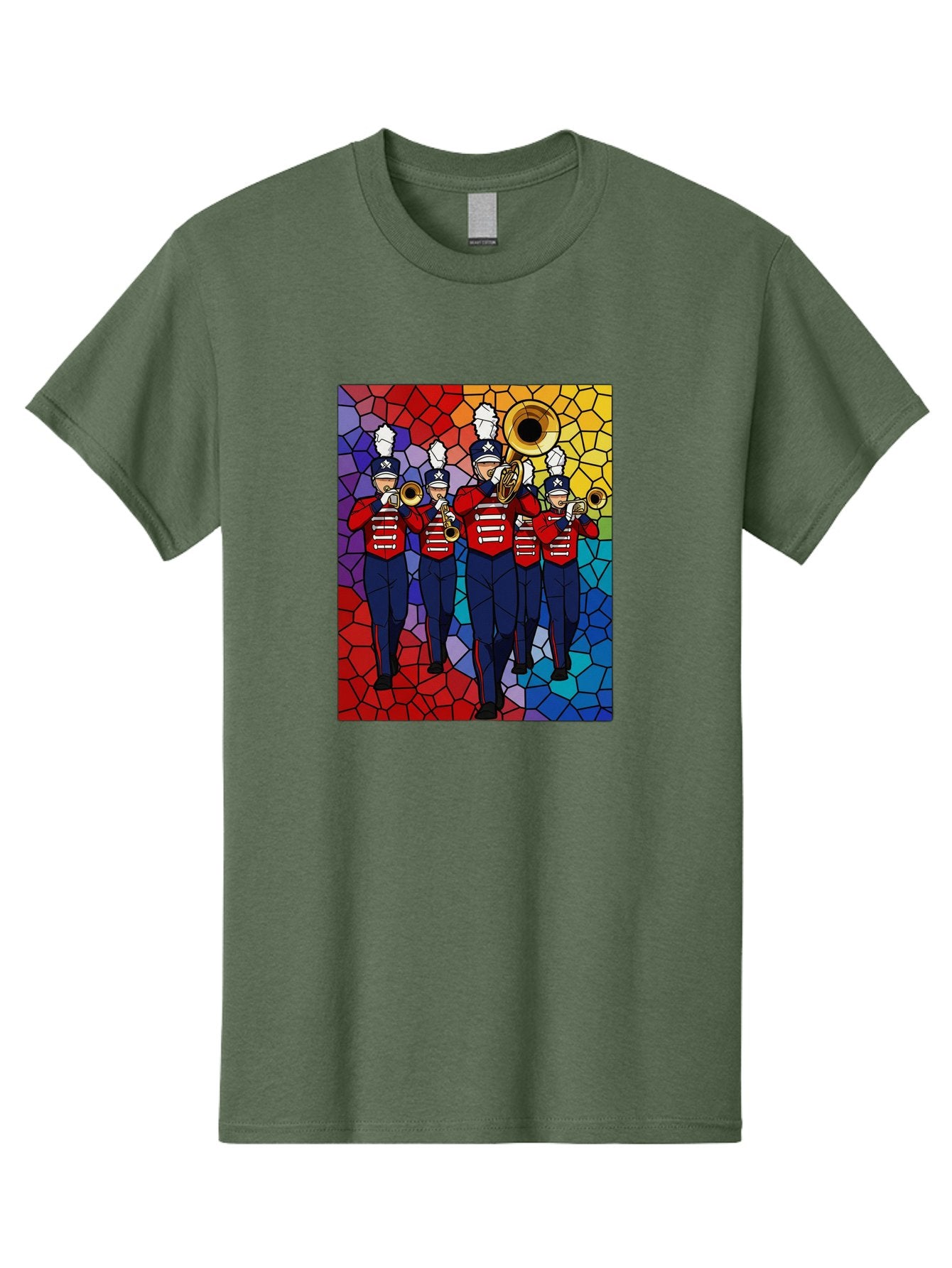 Marching-Band-1 Men'S Graphic Tee, 100% Cotton, Comfortable Casual Summer Wear, Machine Washable, Marching Band, Military Band, Musicians In Uniform, Playing Brass Instruments, Stained Glass Art, Vibrant Colors, Red And Blue Uniforms, Bad295
