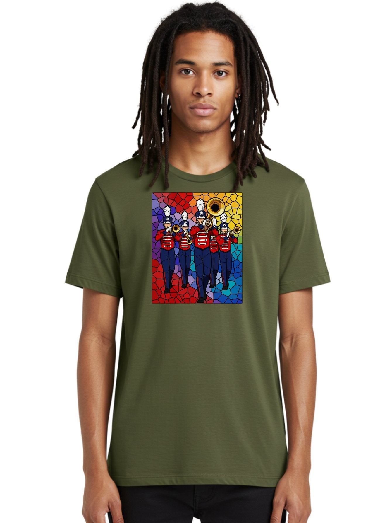 Marching-Band-1 Men'S Graphic Tee, 100% Cotton, Comfortable Casual Summer Wear, Machine Washable, Marching Band, Military Band, Musicians In Uniform, Playing Brass Instruments, Stained Glass Art, Vibrant Colors, Red And Blue Uniforms, Bad295 19