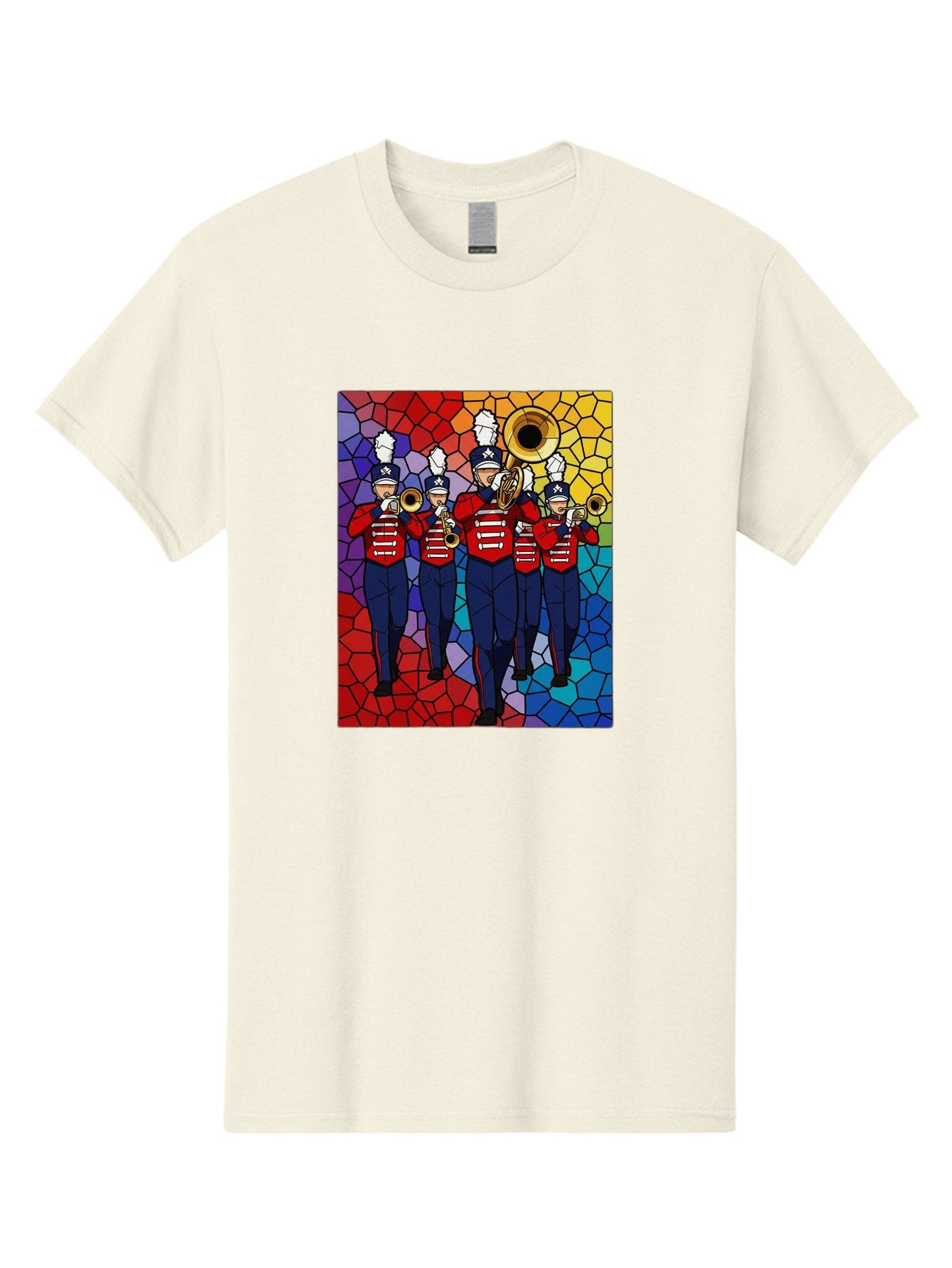 Marching-Band-1 Men'S Graphic Tee, 100% Cotton, Comfortable Casual Summer Wear, Machine Washable, Marching Band, Military Band, Musicians In Uniform, Playing Brass Instruments, Stained Glass Art, Vibrant Colors, Red And Blue Uniforms, Bad295 5