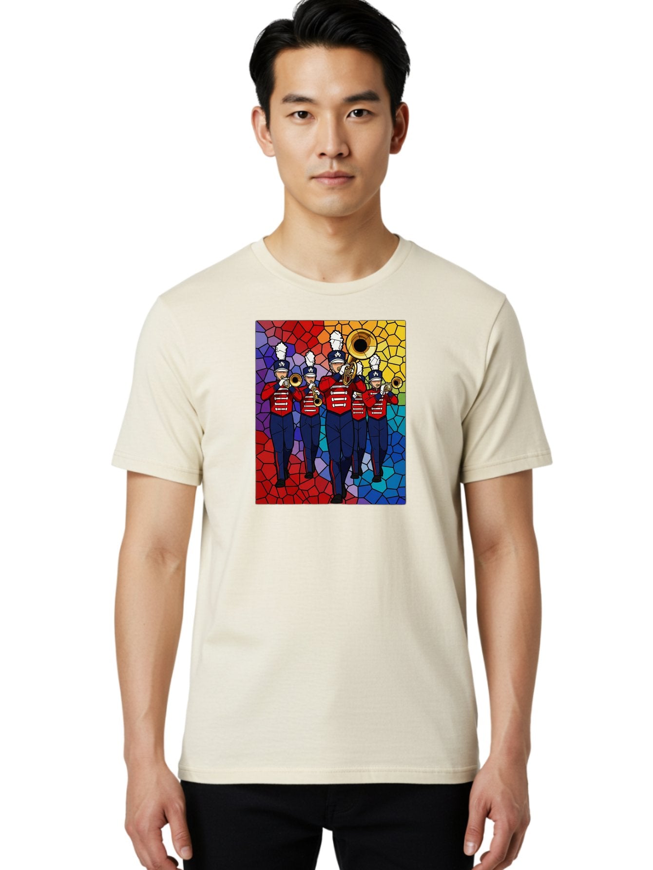 Marching-Band-1 Men'S Graphic Tee, 100% Cotton, Comfortable Casual Summer Wear, Machine Washable, Marching Band, Military Band, Musicians In Uniform, Playing Brass Instruments, Stained Glass Art, Vibrant Colors, Red And Blue Uniforms, Bad295 23