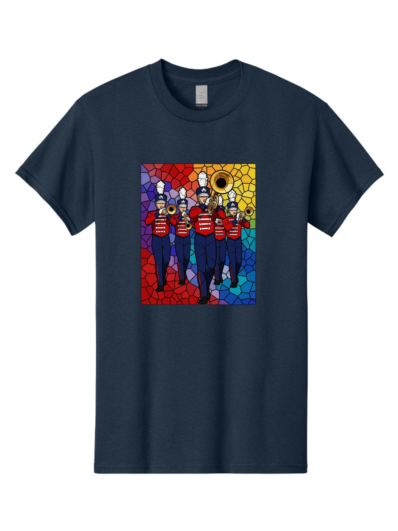 Marching-Band-1 Men'S Graphic Tee, 100% Cotton, Comfortable Casual Summer Wear, Machine Washable, Marching Band, Military Band, Musicians In Uniform, Playing Brass Instruments, Stained Glass Art, Vibrant Colors, Red And Blue Uniforms, Bad295 10