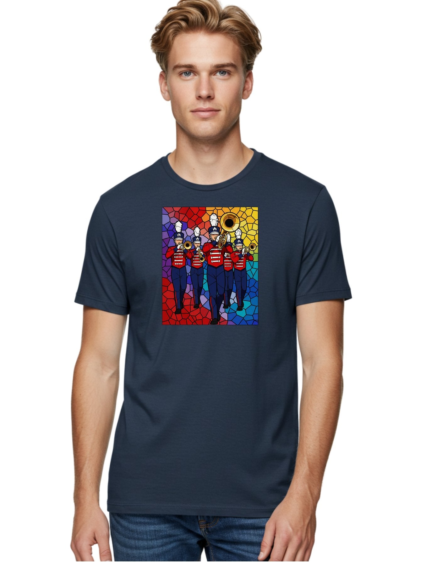 Marching-Band-1 Men'S Graphic Tee, 100% Cotton, Comfortable Casual Summer Wear, Machine Washable, Marching Band, Military Band, Musicians In Uniform, Playing Brass Instruments, Stained Glass Art, Vibrant Colors, Red And Blue Uniforms, Bad295 17