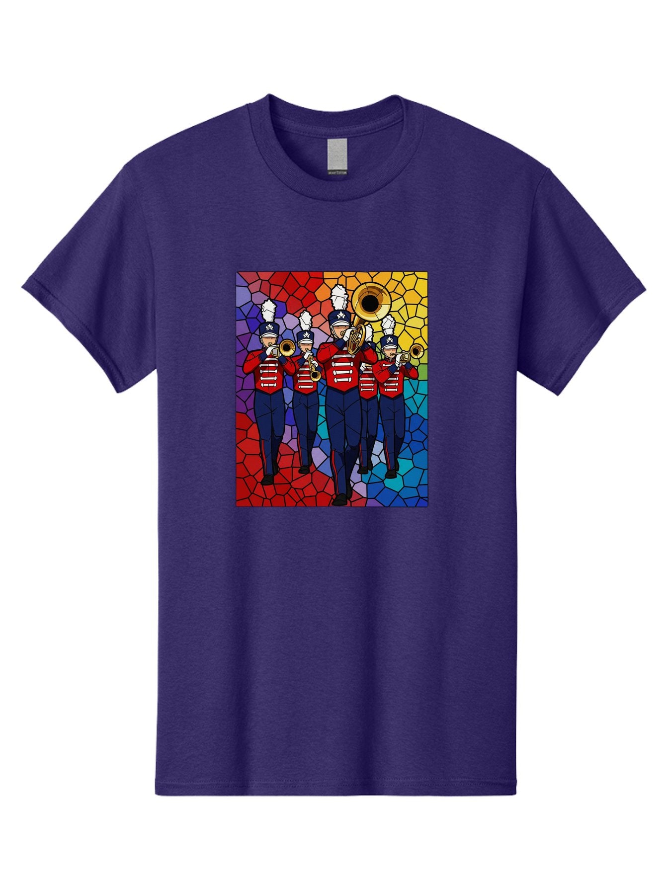 Marching-Band-1 Men'S Graphic Tee, 100% Cotton, Comfortable Casual Summer Wear, Machine Washable, Marching Band, Military Band, Musicians In Uniform, Playing Brass Instruments, Stained Glass Art, Vibrant Colors, Red And Blue Uniforms, Bad295 3
