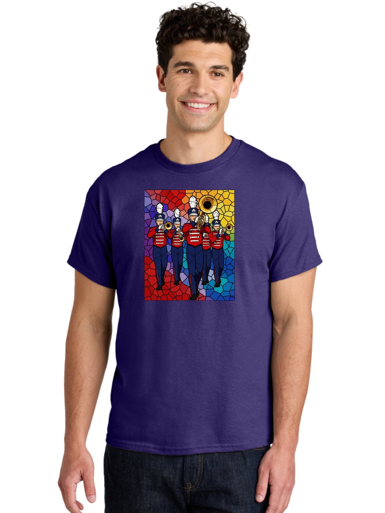 Marching-Band-1 Men'S Graphic Tee, 100% Cotton, Comfortable Casual Summer Wear, Machine Washable, Marching Band, Military Band, Musicians In Uniform, Playing Brass Instruments, Stained Glass Art, Vibrant Colors, Red And Blue Uniforms, Bad295 22