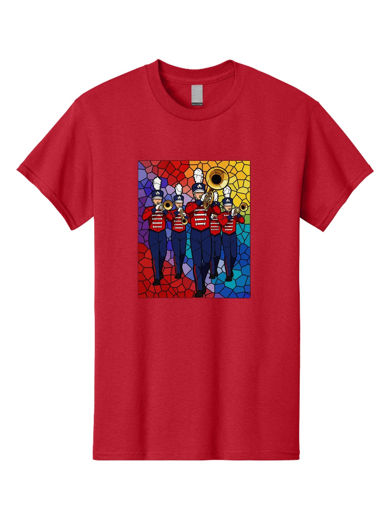 Marching-Band-1 Men'S Graphic Tee, 100% Cotton, Comfortable Casual Summer Wear, Machine Washable, Marching Band, Military Band, Musicians In Uniform, Playing Brass Instruments, Stained Glass Art, Vibrant Colors, Red And Blue Uniforms, Bad295 14
