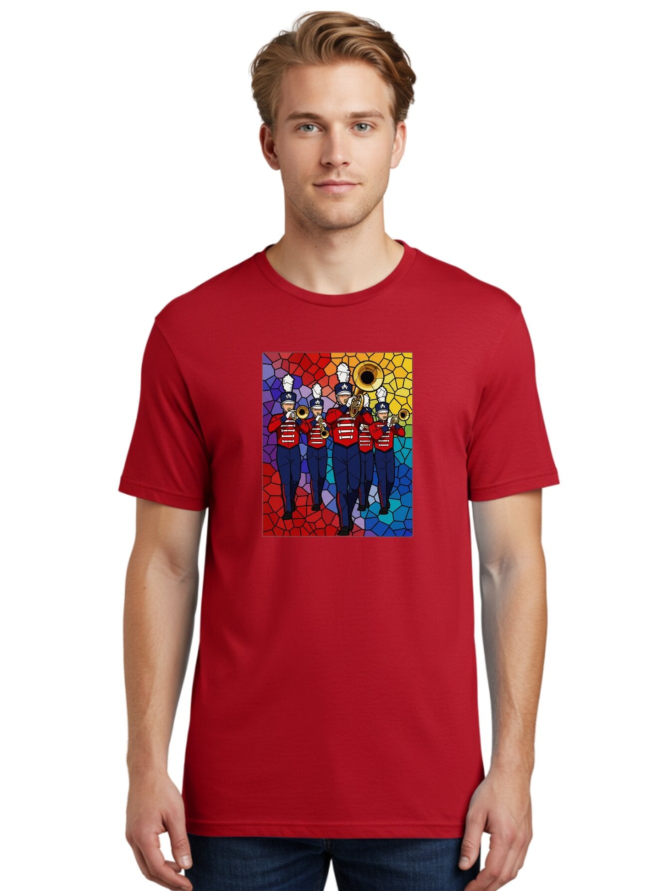 Marching-Band-1 Men'S Graphic Tee, 100% Cotton, Comfortable Casual Summer Wear, Machine Washable, Marching Band, Military Band, Musicians In Uniform, Playing Brass Instruments, Stained Glass Art, Vibrant Colors, Red And Blue Uniforms, Bad295 29
