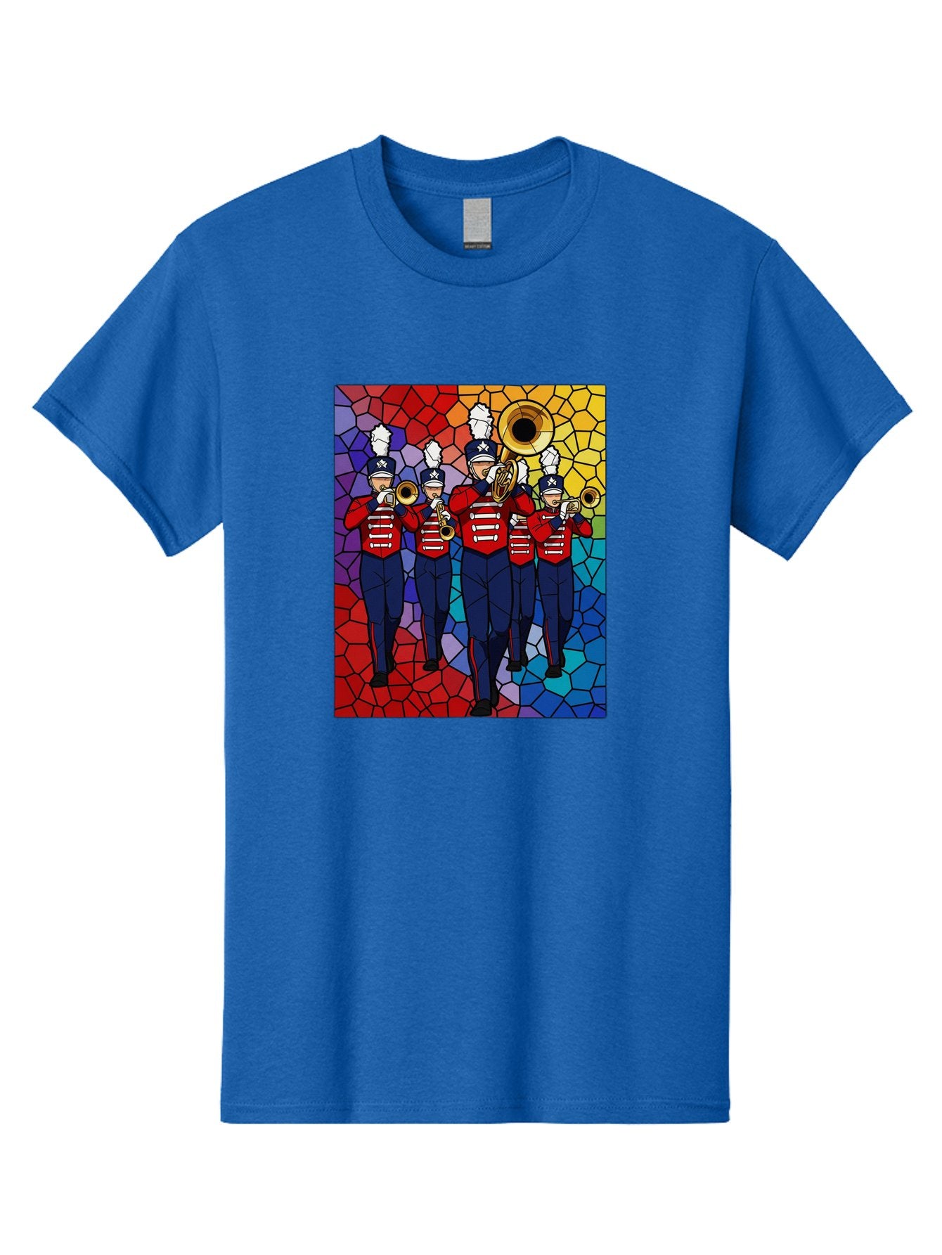 Marching-Band-1 Men'S Graphic Tee, 100% Cotton, Comfortable Casual Summer Wear, Machine Washable, Marching Band, Military Band, Musicians In Uniform, Playing Brass Instruments, Stained Glass Art, Vibrant Colors, Red And Blue Uniforms, Bad295 7