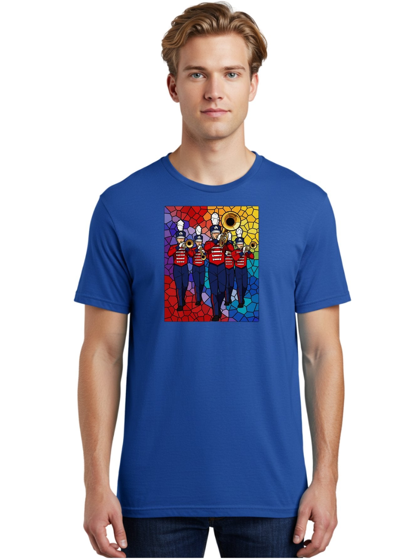 Marching-Band-1 Men'S Graphic Tee, 100% Cotton, Comfortable Casual Summer Wear, Machine Washable, Marching Band, Military Band, Musicians In Uniform, Playing Brass Instruments, Stained Glass Art, Vibrant Colors, Red And Blue Uniforms, Bad295 16