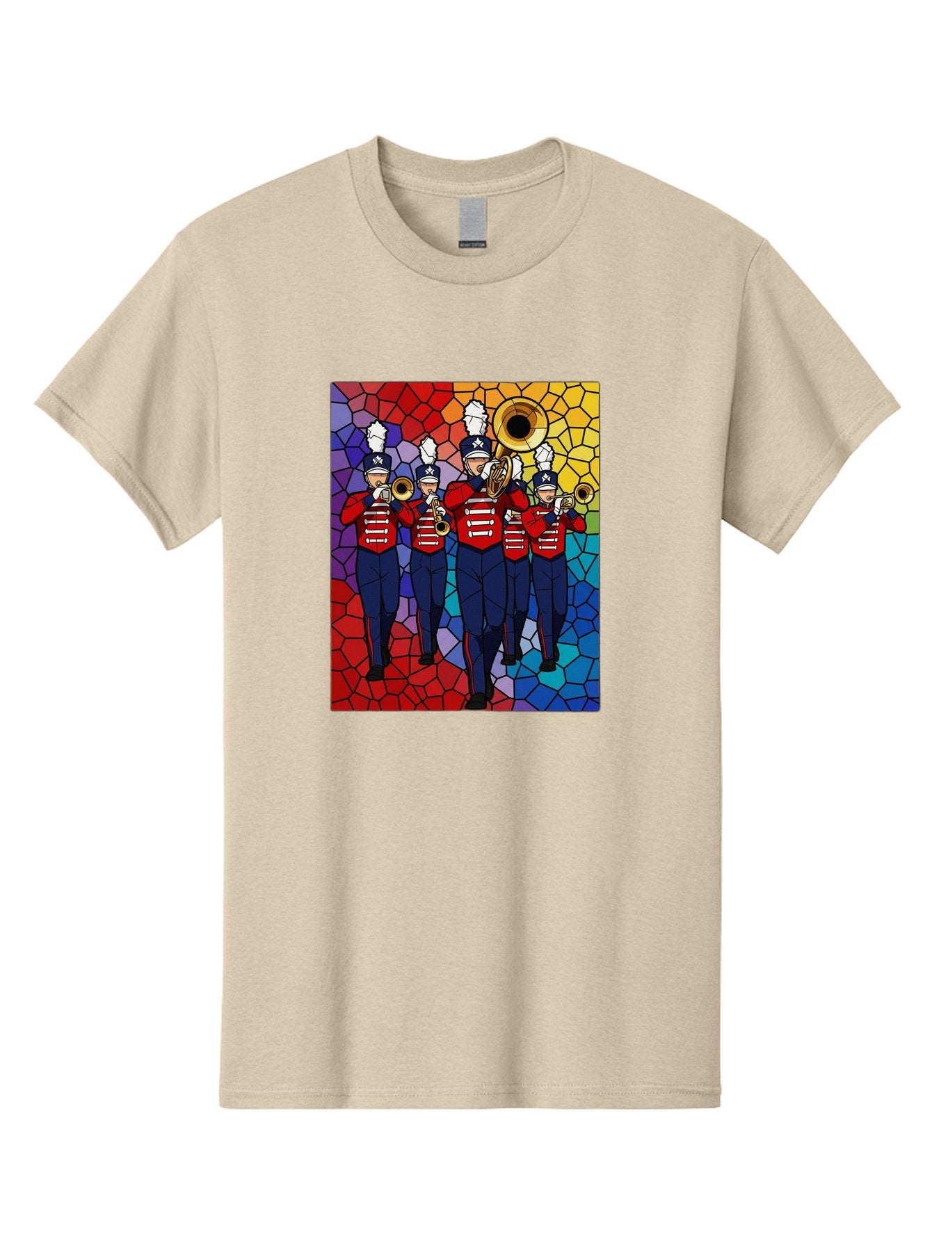 Marching-Band-1 Men'S Graphic Tee, 100% Cotton, Comfortable Casual Summer Wear, Machine Washable, Marching Band, Military Band, Musicians In Uniform, Playing Brass Instruments, Stained Glass Art, Vibrant Colors, Red And Blue Uniforms, Bad295 11