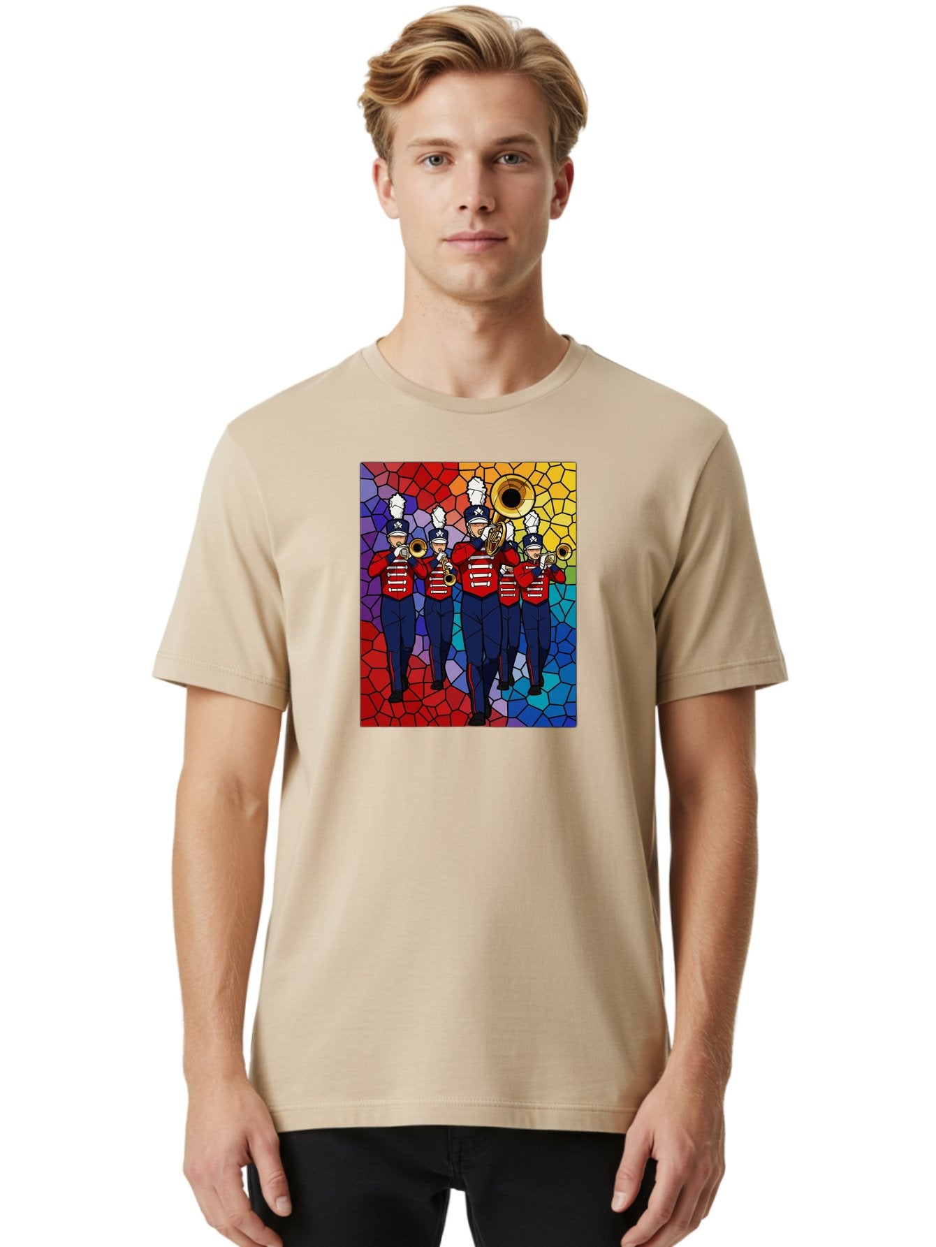 Marching-Band-1 Men'S Graphic Tee, 100% Cotton, Comfortable Casual Summer Wear, Machine Washable, Marching Band, Military Band, Musicians In Uniform, Playing Brass Instruments, Stained Glass Art, Vibrant Colors, Red And Blue Uniforms, Bad295 27