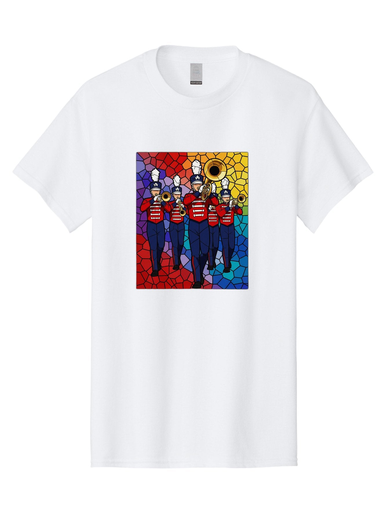 Marching-Band-1 Men'S Graphic Tee, 100% Cotton, Comfortable Casual Summer Wear, Machine Washable, Marching Band, Military Band, Musicians In Uniform, Playing Brass Instruments, Stained Glass Art, Vibrant Colors, Red And Blue Uniforms, Bad295 13