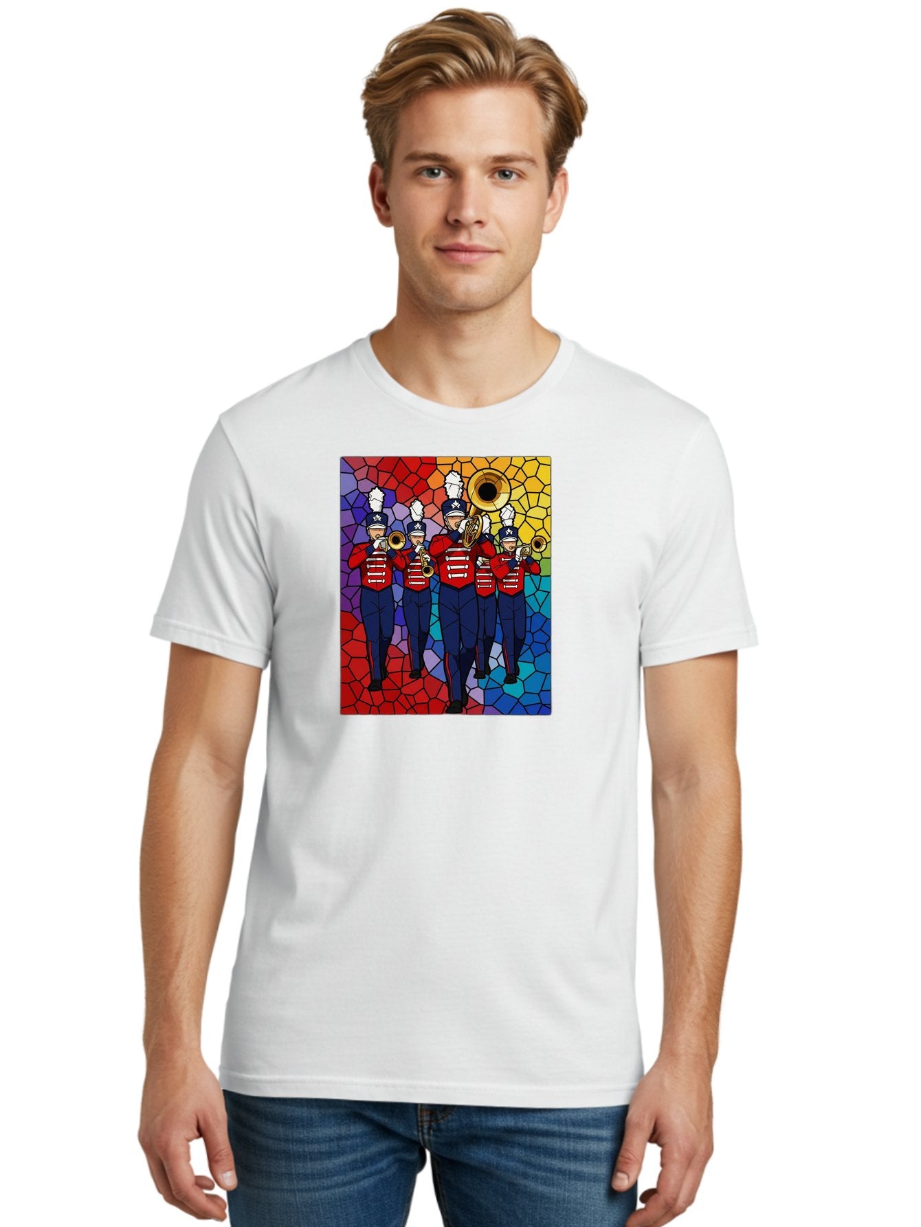 Marching-Band-1 Men'S Graphic Tee, 100% Cotton, Comfortable Casual Summer Wear, Machine Washable, Marching Band, Military Band, Musicians In Uniform, Playing Brass Instruments, Stained Glass Art, Vibrant Colors, Red And Blue Uniforms, Bad295 20