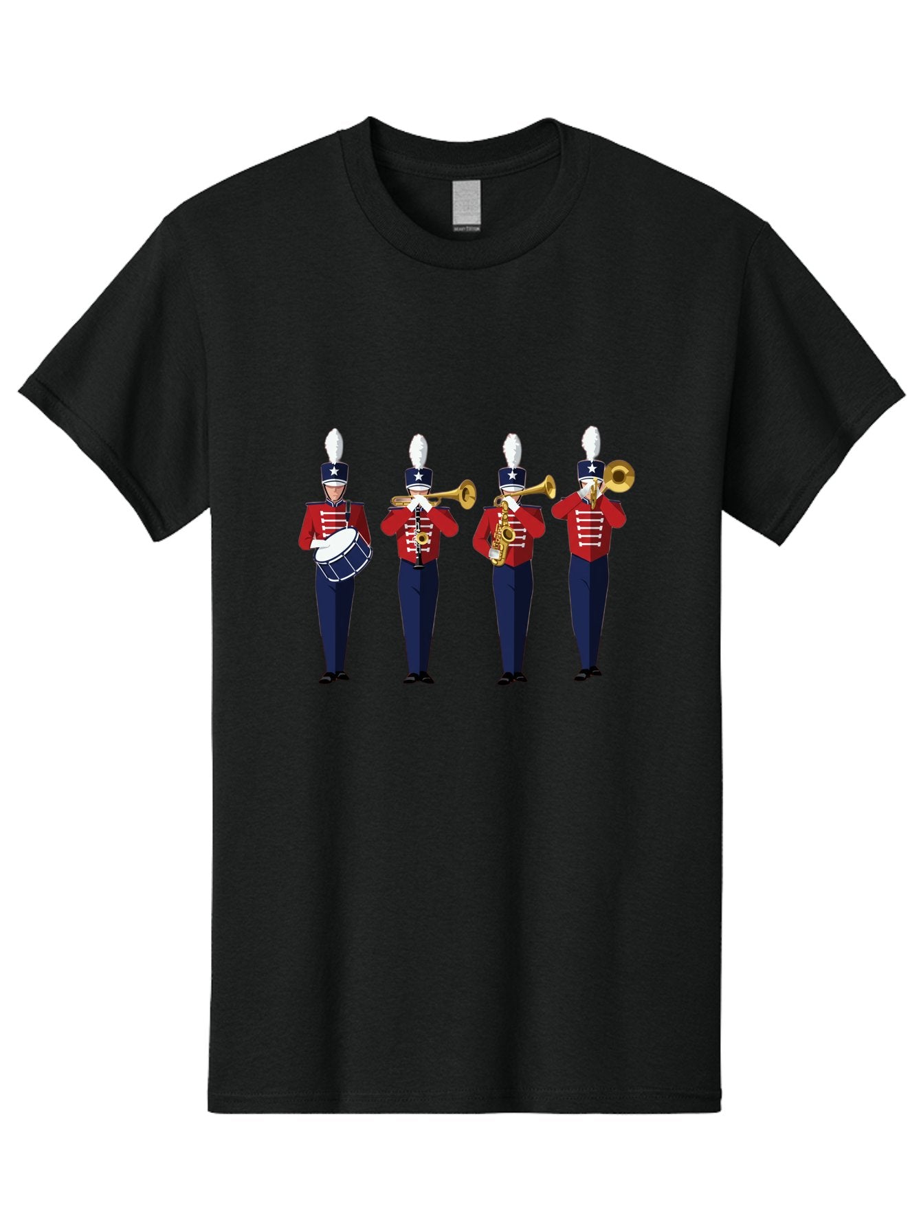 Marching-Band Men'S Graphic Tee, 100% Cotton, Comfortable Casual Summer Wear, Machine Washable, Marching Band Performers, Red Uniform, Blue Pants, White Star Hat, Playing Drum, Trumpet, Saxophone, Musical Performance, Patriotic Theme, Bad296 14