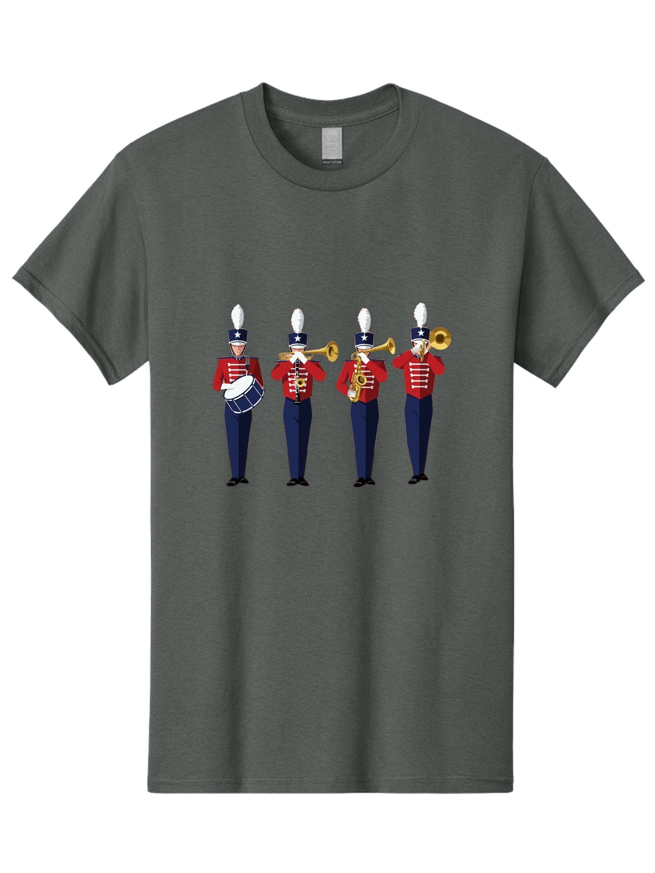 Marching-Band Men'S Graphic Tee, 100% Cotton, Comfortable Casual Summer Wear, Machine Washable, Marching Band Performers, Red Uniform, Blue Pants, White Star Hat, Playing Drum, Trumpet, Saxophone, Musical Performance, Patriotic Theme, Bad296 12