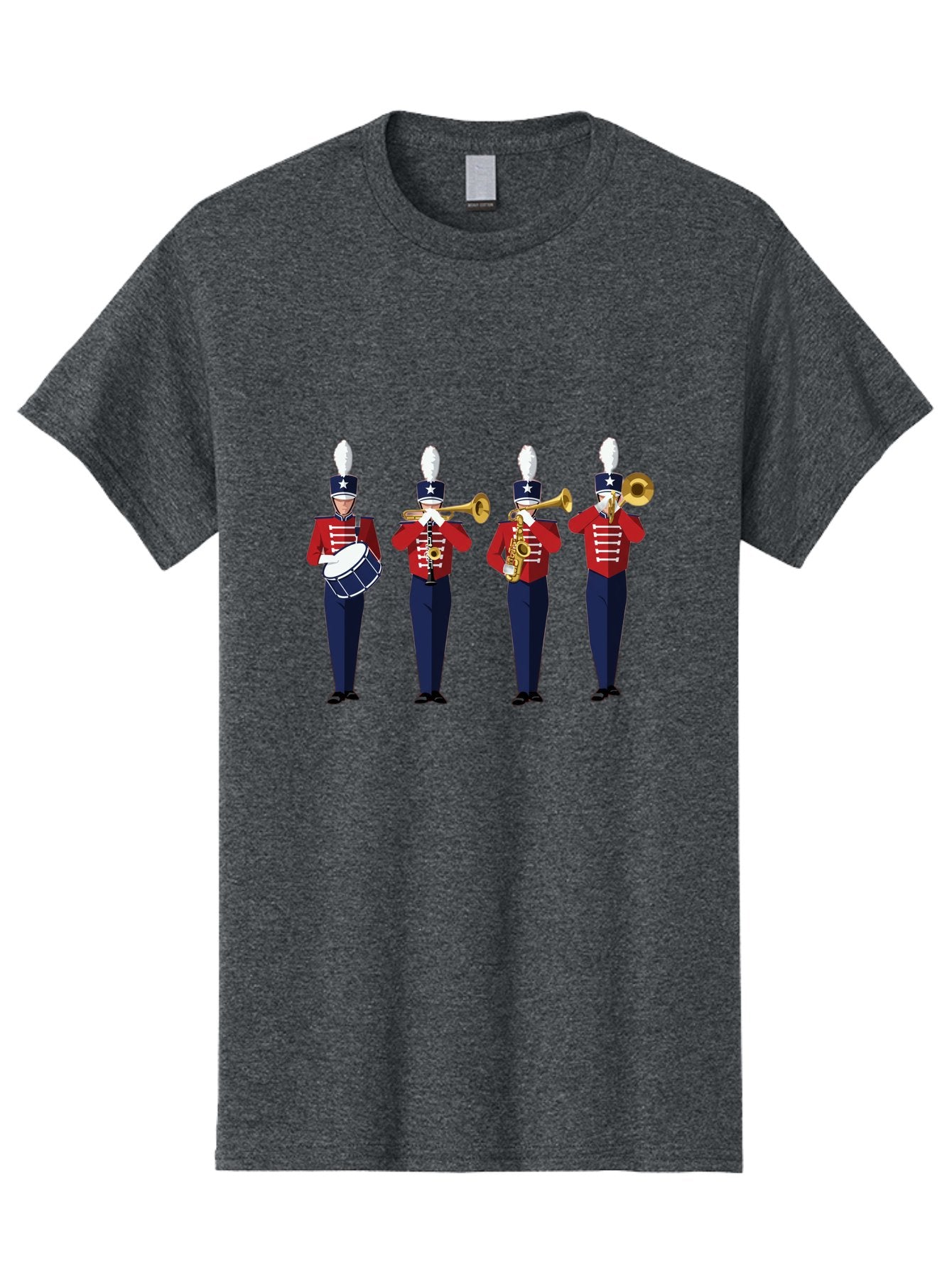Marching-Band Men'S Graphic Tee, 100% Cotton, Comfortable Casual Summer Wear, Machine Washable, Marching Band Performers, Red Uniform, Blue Pants, White Star Hat, Playing Drum, Trumpet, Saxophone, Musical Performance, Patriotic Theme, Bad296 5
