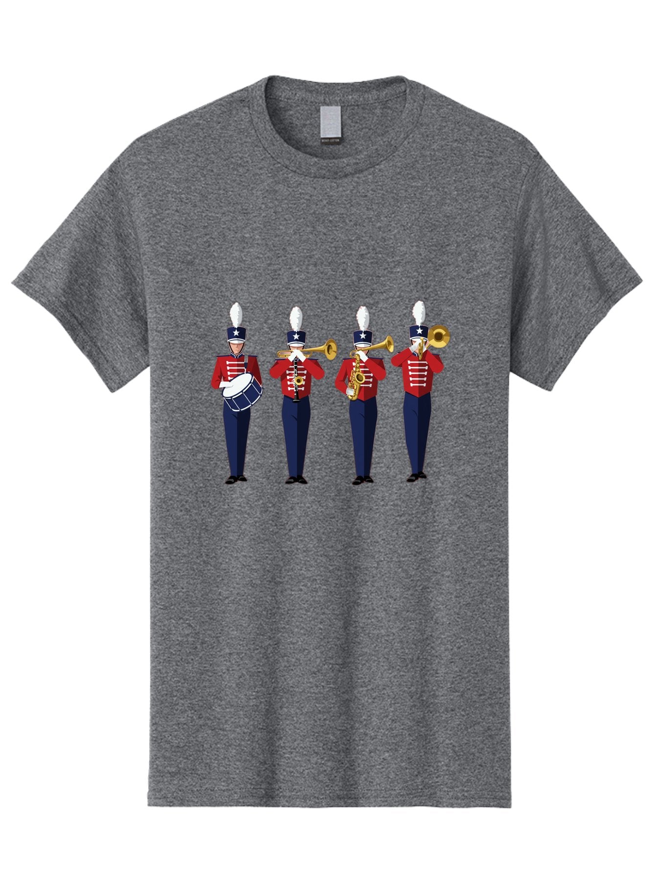 Marching-Band Men'S Graphic Tee, 100% Cotton, Comfortable Casual Summer Wear, Machine Washable, Marching Band Performers, Red Uniform, Blue Pants, White Star Hat, Playing Drum, Trumpet, Saxophone, Musical Performance, Patriotic Theme, Bad296 6