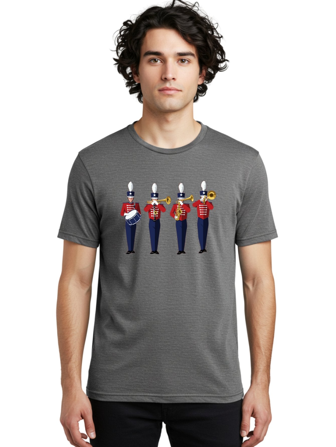 Marching-Band Men'S Graphic Tee, 100% Cotton, Comfortable Casual Summer Wear, Machine Washable, Marching Band Performers, Red Uniform, Blue Pants, White Star Hat, Playing Drum, Trumpet, Saxophone, Musical Performance, Patriotic Theme, Bad296 24