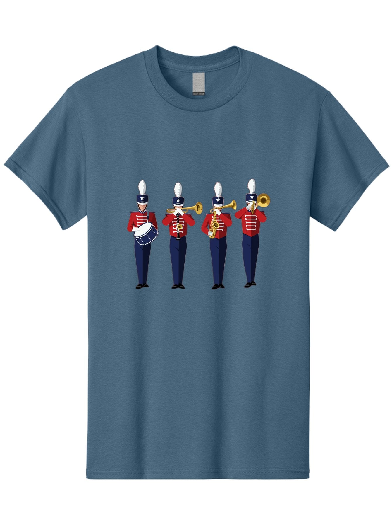 Marching-Band Men'S Graphic Tee, 100% Cotton, Comfortable Casual Summer Wear, Machine Washable, Marching Band Performers, Red Uniform, Blue Pants, White Star Hat, Playing Drum, Trumpet, Saxophone, Musical Performance, Patriotic Theme, Bad296