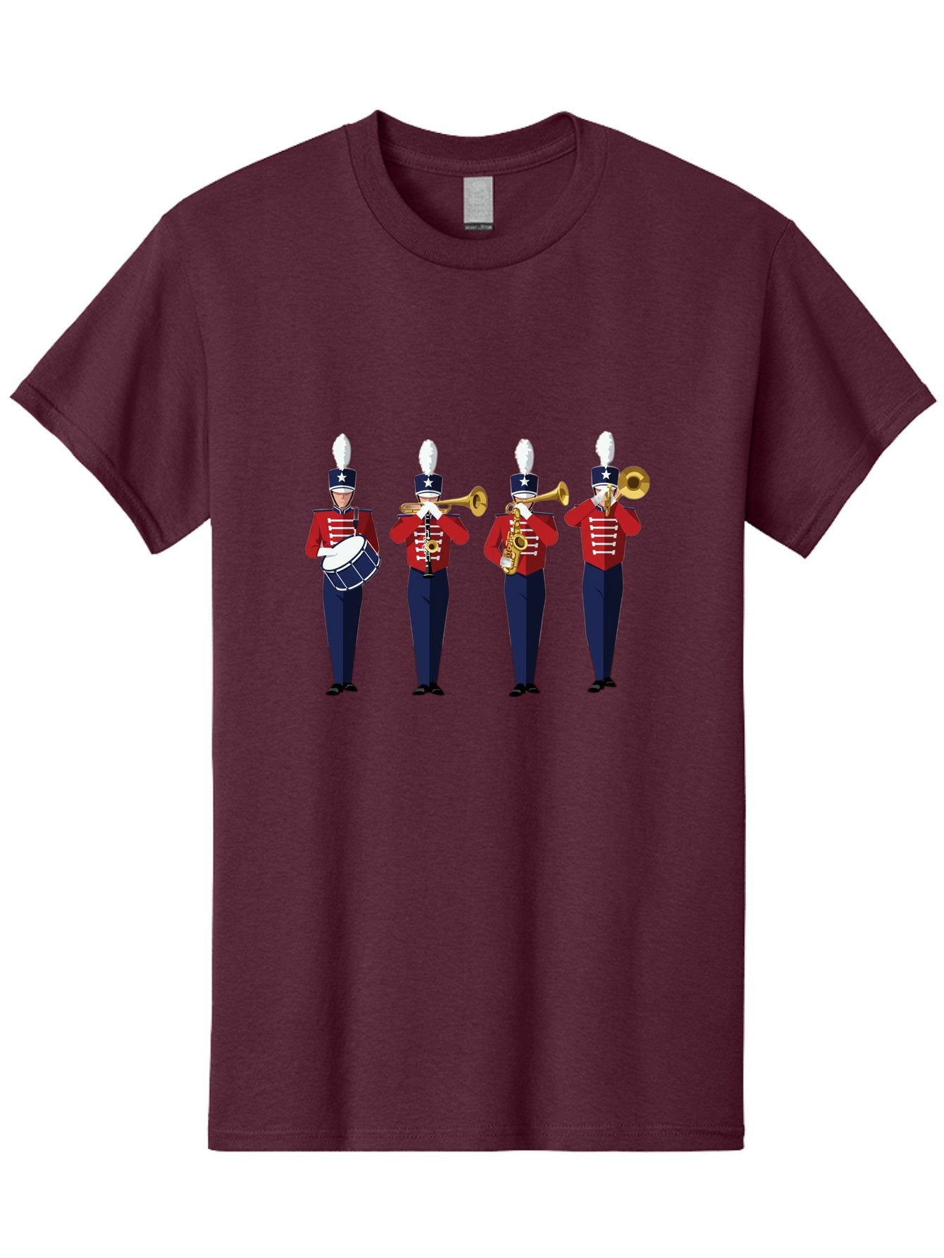 Marching-Band Men'S Graphic Tee, 100% Cotton, Comfortable Casual Summer Wear, Machine Washable, Marching Band Performers, Red Uniform, Blue Pants, White Star Hat, Playing Drum, Trumpet, Saxophone, Musical Performance, Patriotic Theme, Bad296 9