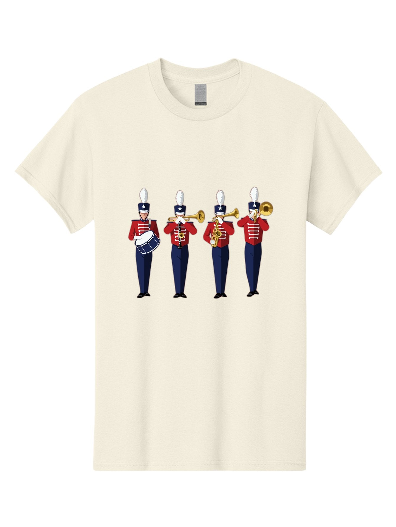 Marching-Band Men'S Graphic Tee, 100% Cotton, Comfortable Casual Summer Wear, Machine Washable, Marching Band Performers, Red Uniform, Blue Pants, White Star Hat, Playing Drum, Trumpet, Saxophone, Musical Performance, Patriotic Theme, Bad296 11