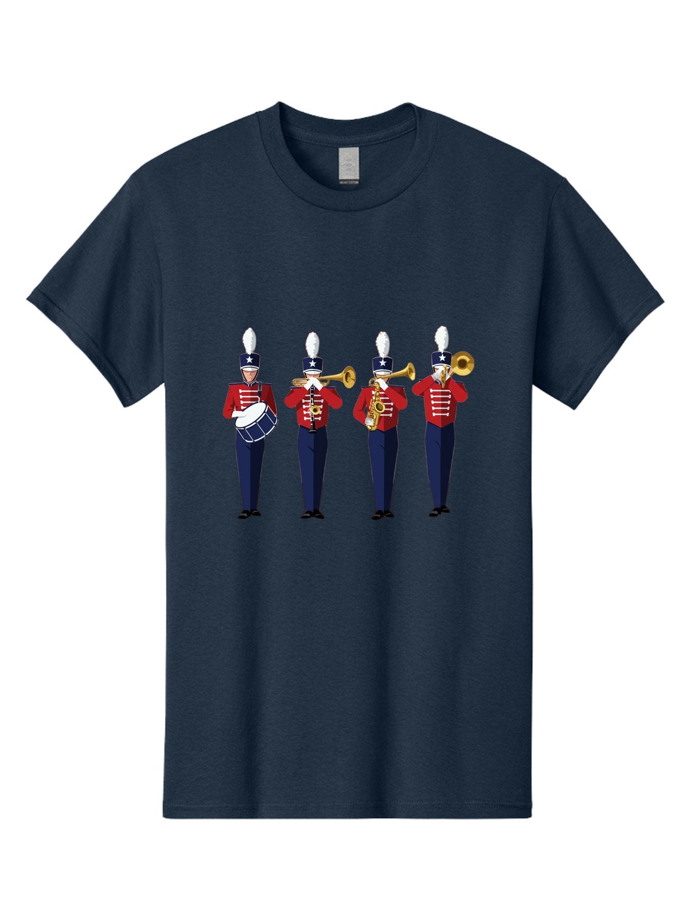 Marching-Band Men'S Graphic Tee, 100% Cotton, Comfortable Casual Summer Wear, Machine Washable, Marching Band Performers, Red Uniform, Blue Pants, White Star Hat, Playing Drum, Trumpet, Saxophone, Musical Performance, Patriotic Theme, Bad296 4