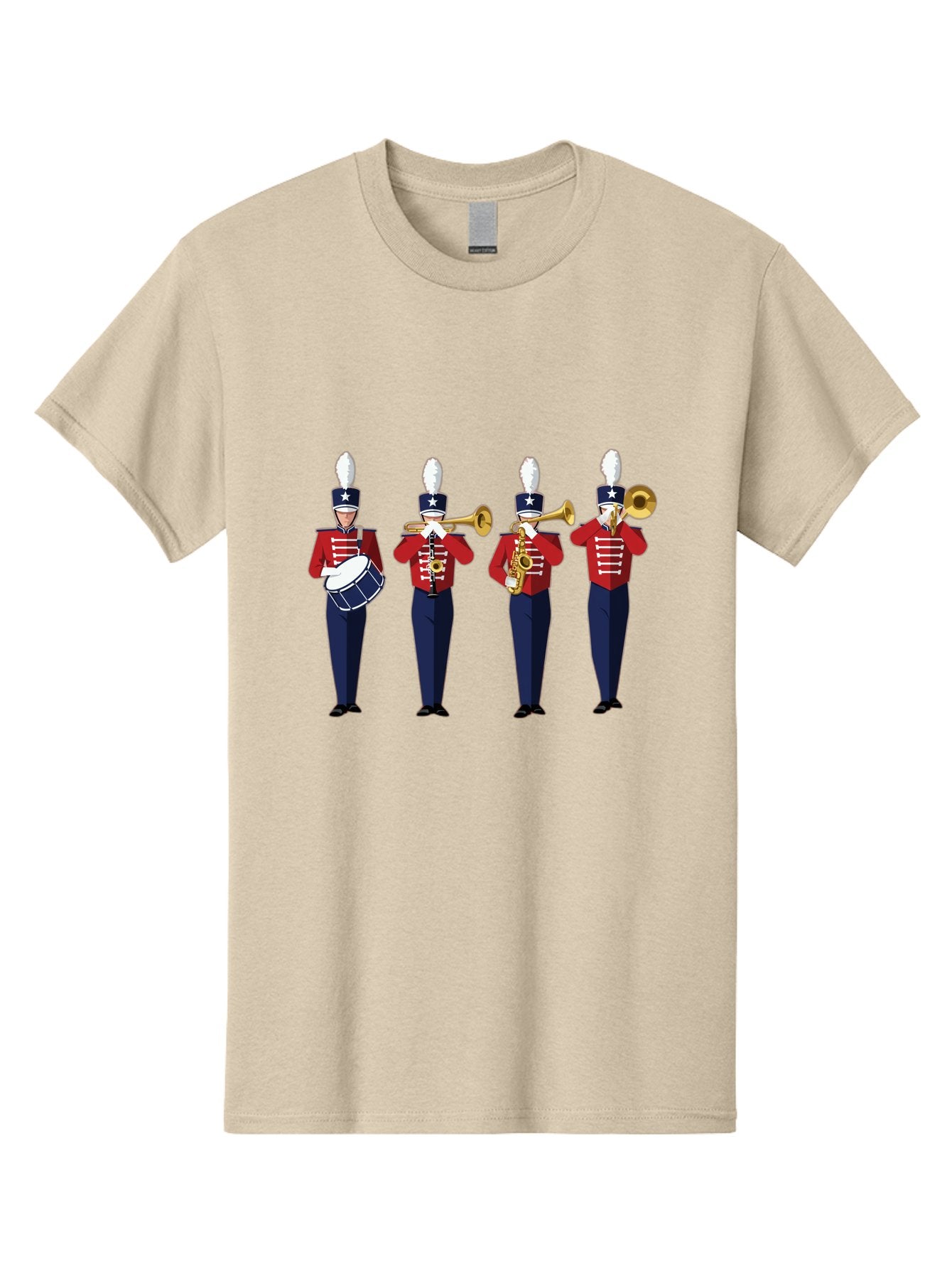 Marching-Band Men'S Graphic Tee, 100% Cotton, Comfortable Casual Summer Wear, Machine Washable, Marching Band Performers, Red Uniform, Blue Pants, White Star Hat, Playing Drum, Trumpet, Saxophone, Musical Performance, Patriotic Theme, Bad296 3