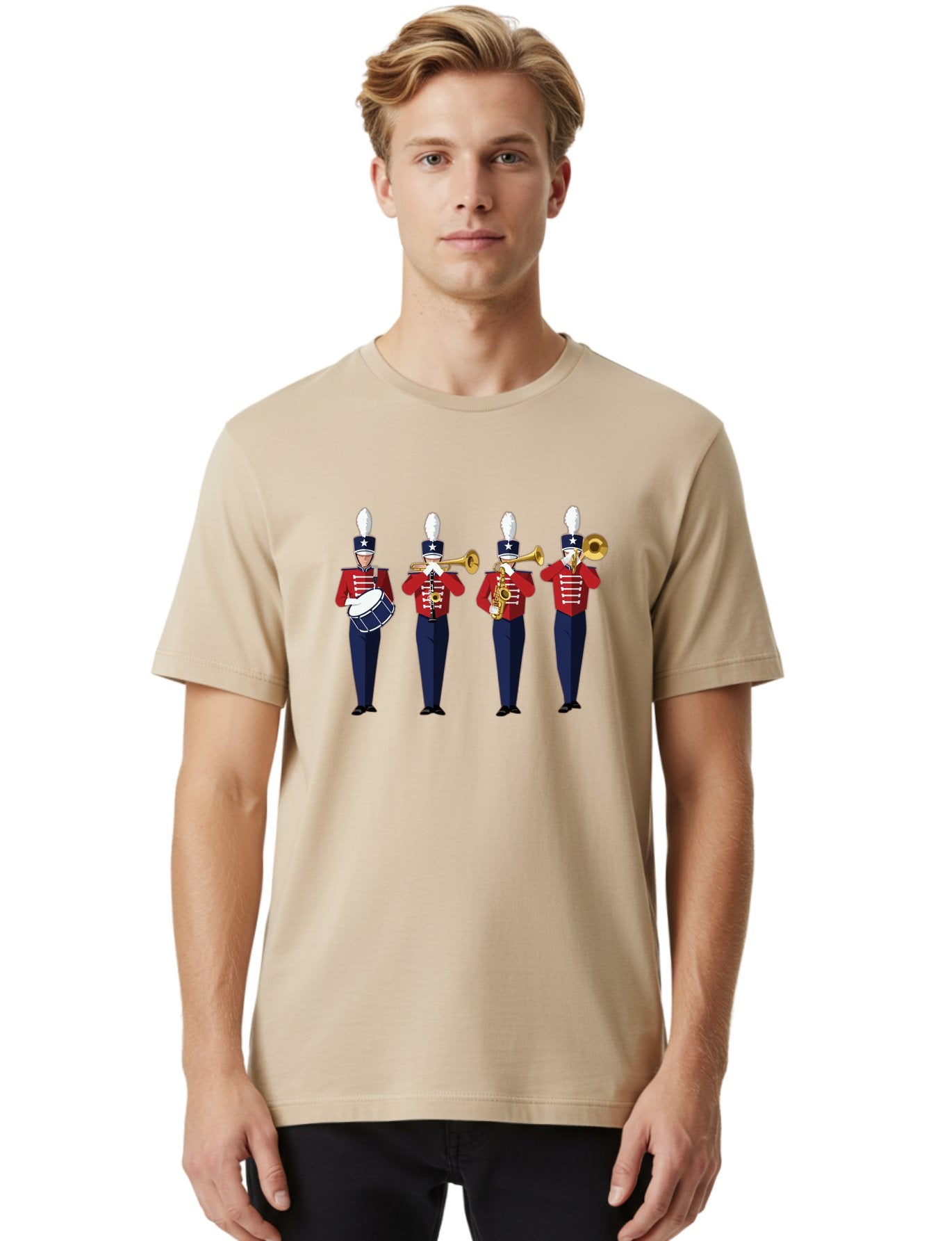 Marching-Band Men'S Graphic Tee, 100% Cotton, Comfortable Casual Summer Wear, Machine Washable, Marching Band Performers, Red Uniform, Blue Pants, White Star Hat, Playing Drum, Trumpet, Saxophone, Musical Performance, Patriotic Theme, Bad296 22
