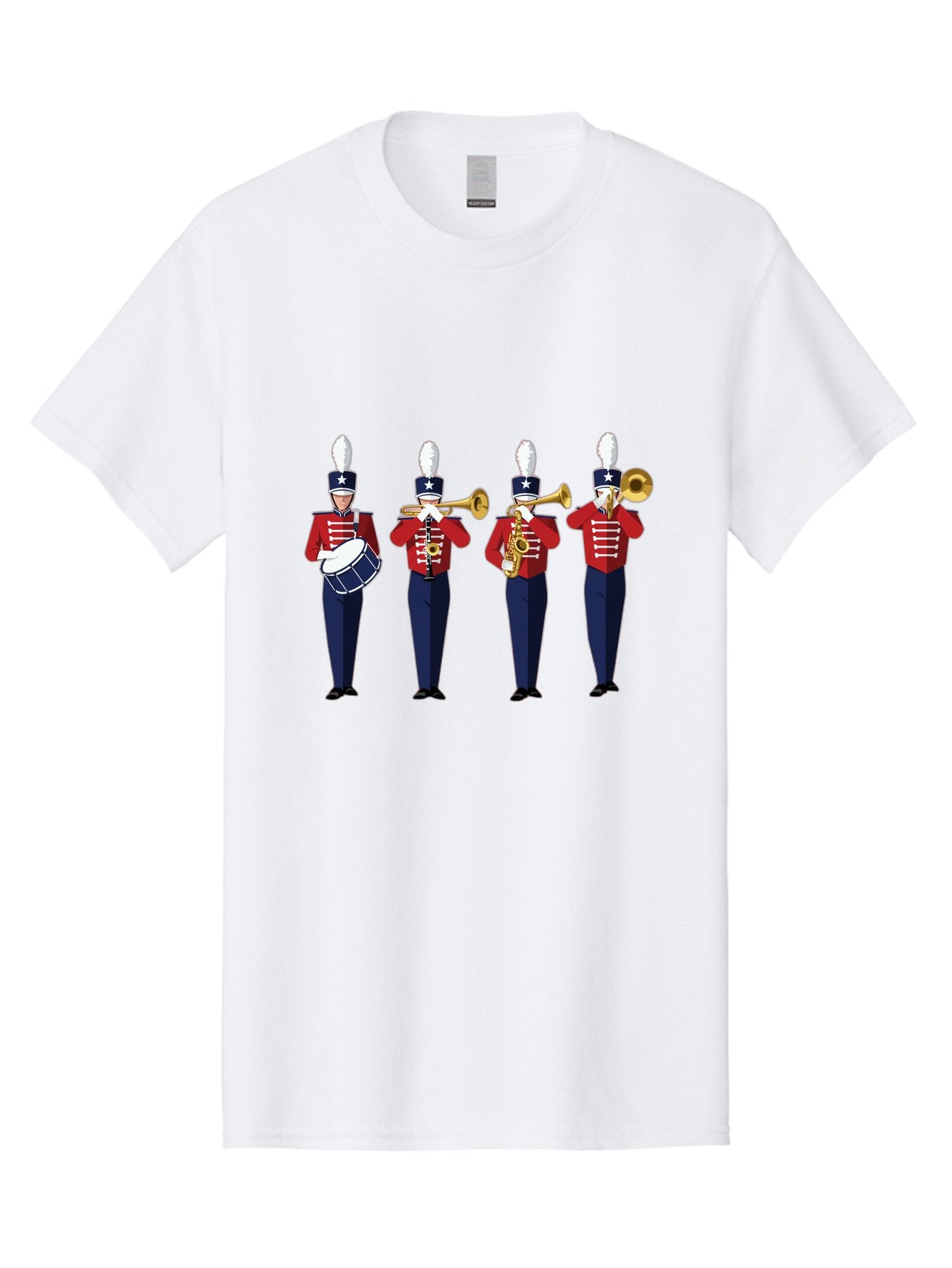 Marching-Band Men'S Graphic Tee, 100% Cotton, Comfortable Casual Summer Wear, Machine Washable, Marching Band Performers, Red Uniform, Blue Pants, White Star Hat, Playing Drum, Trumpet, Saxophone, Musical Performance, Patriotic Theme, Bad296 15