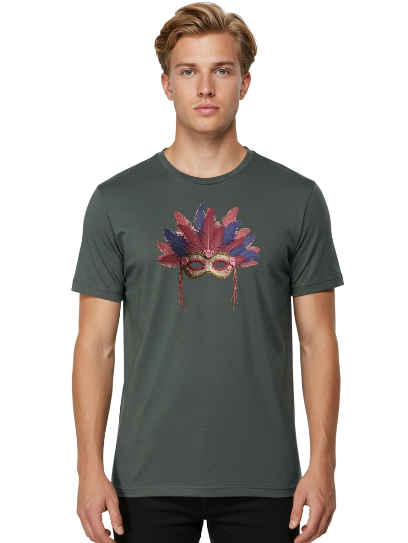 Mardi-Gras-Mask Men'S Graphic Tee, 100% Cotton, Comfortable Casual Summer Wear, Machine Washable, Vibrant Mardi Gras Mask, Red And Blue Feathers, Fancy Decoration, Festive Theme, Celebration, Colorful, Elaborate Design Bad297 29