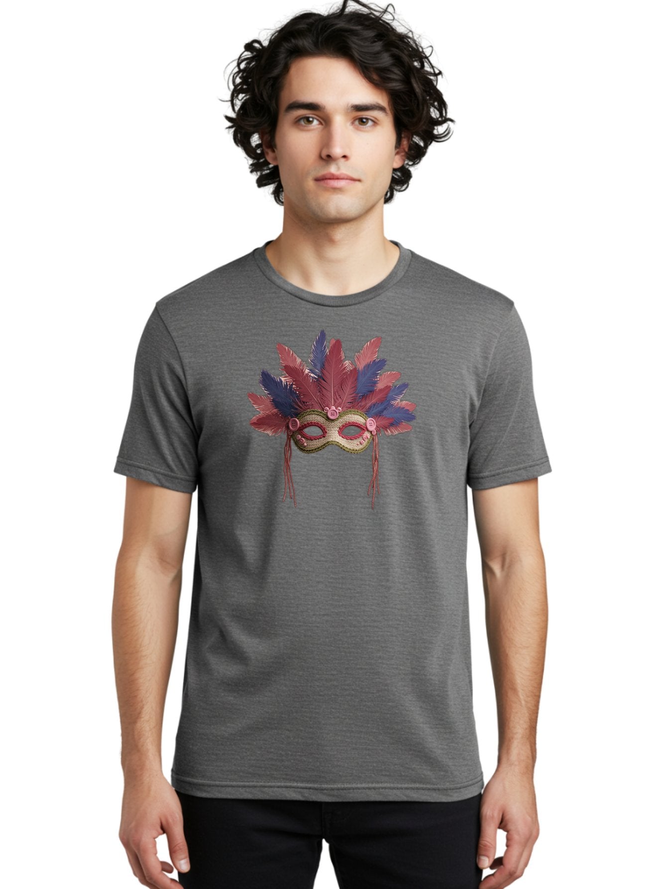 Mardi-Gras-Mask Men'S Graphic Tee, 100% Cotton, Comfortable Casual Summer Wear, Machine Washable, Vibrant Mardi Gras Mask, Red And Blue Feathers, Fancy Decoration, Festive Theme, Celebration, Colorful, Elaborate Design Bad297 26