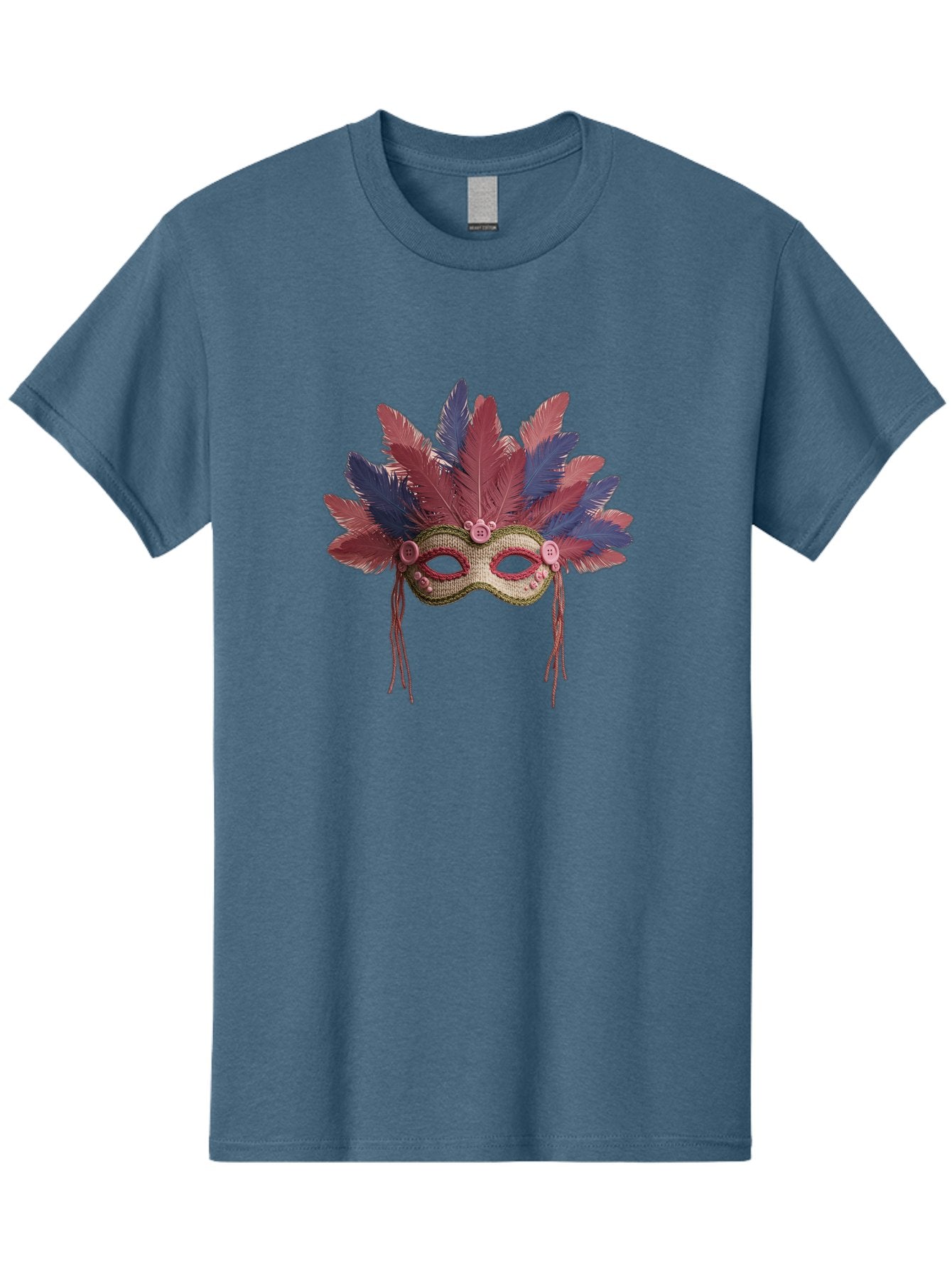 Mardi-Gras-Mask Men'S Graphic Tee, 100% Cotton, Comfortable Casual Summer Wear, Machine Washable, Vibrant Mardi Gras Mask, Red And Blue Feathers, Fancy Decoration, Festive Theme, Celebration, Colorful, Elaborate Design Bad297 5