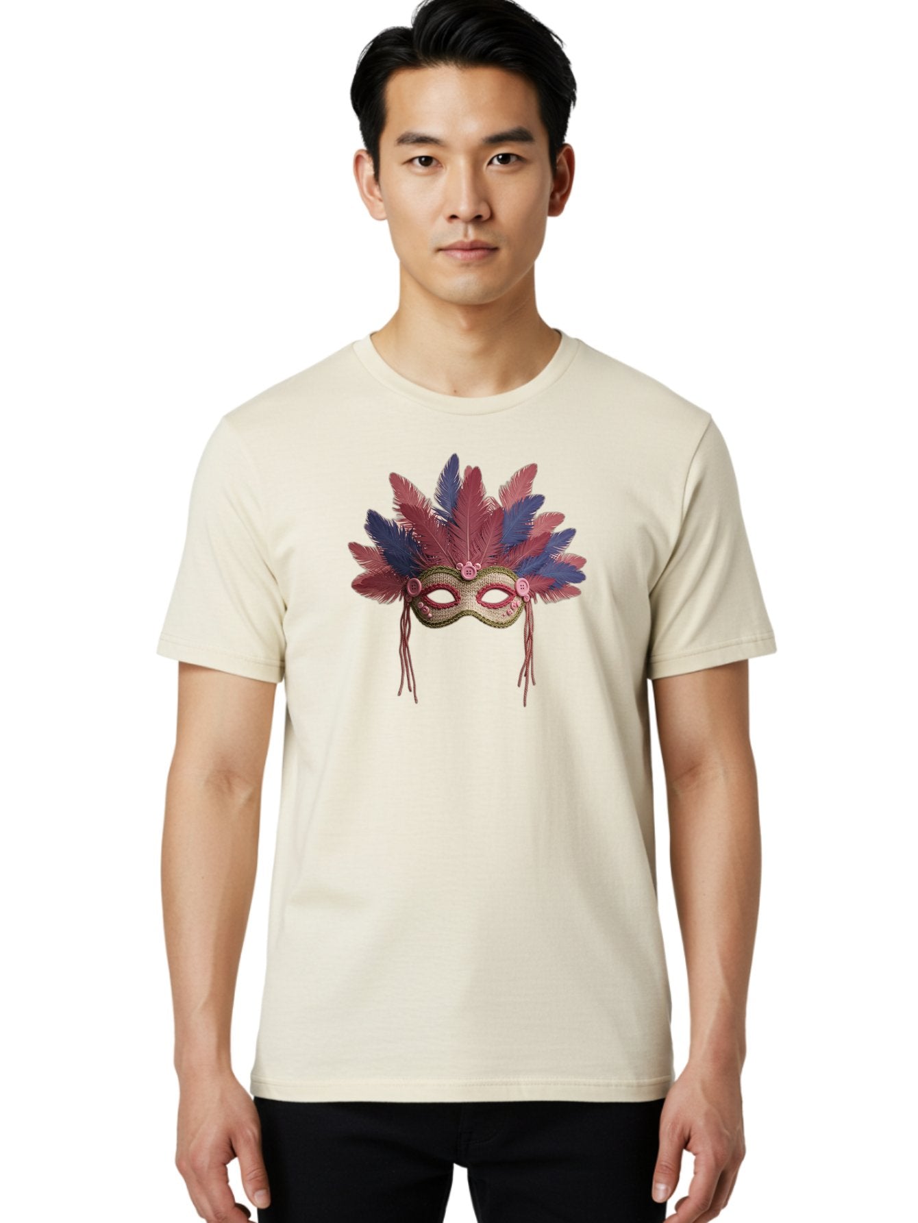 Mardi-Gras-Mask Men'S Graphic Tee, 100% Cotton, Comfortable Casual Summer Wear, Machine Washable, Vibrant Mardi Gras Mask, Red And Blue Feathers, Fancy Decoration, Festive Theme, Celebration, Colorful, Elaborate Design Bad297 17