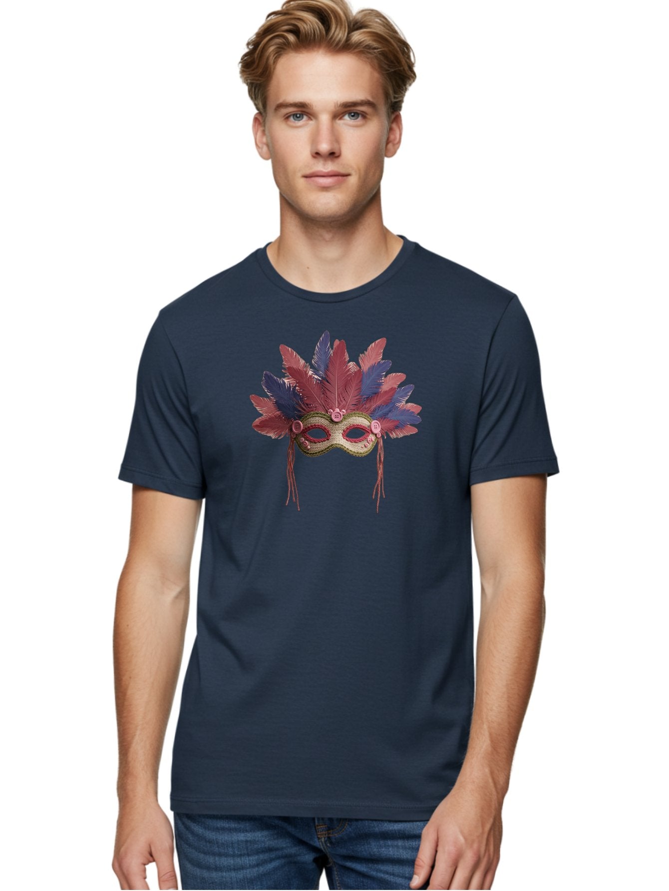 Mardi-Gras-Mask Men'S Graphic Tee, 100% Cotton, Comfortable Casual Summer Wear, Machine Washable, Vibrant Mardi Gras Mask, Red And Blue Feathers, Fancy Decoration, Festive Theme, Celebration, Colorful, Elaborate Design Bad297 27