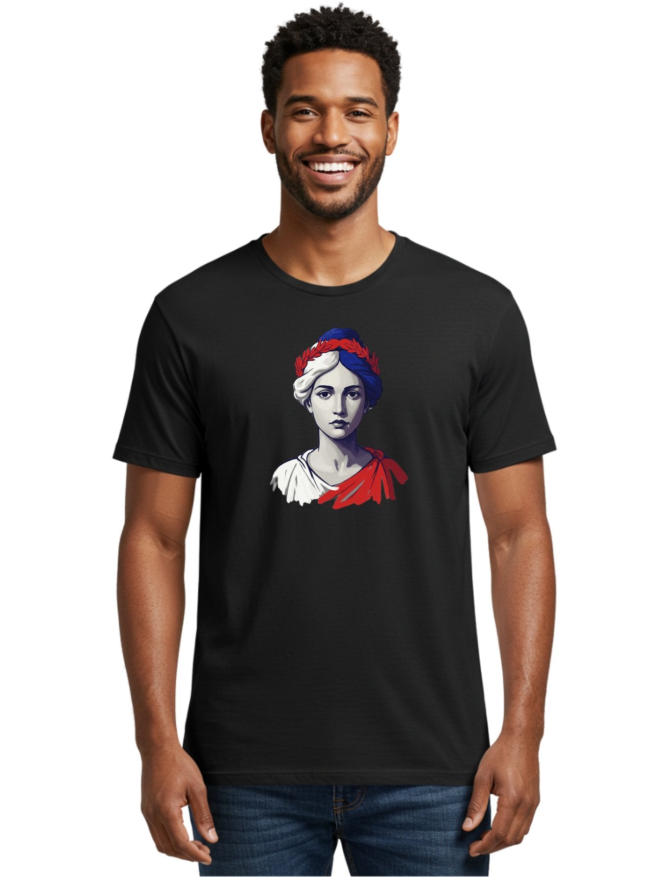 Marianne Men'S Graphic Tee, 100% Cotton, Comfortable Casual Summer Wear, Machine Washable, Woman Wearing Red Laurel Wreath, Red Ribbon, French Flag Colors, Symbolic Figure, National Personification, Liberty, French Culture, Classic Portrait, Bad299 26
