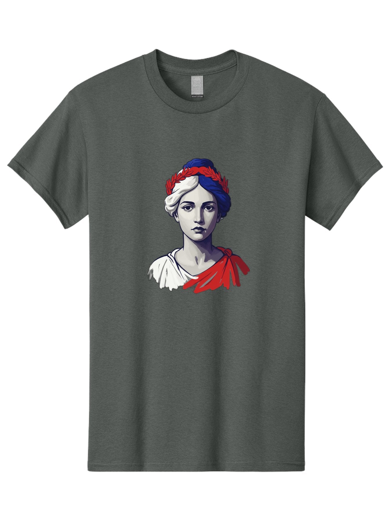 Marianne Men'S Graphic Tee, 100% Cotton, Comfortable Casual Summer Wear, Machine Washable, Woman Wearing Red Laurel Wreath, Red Ribbon, French Flag Colors, Symbolic Figure, National Personification, Liberty, French Culture, Classic Portrait, Bad299 3
