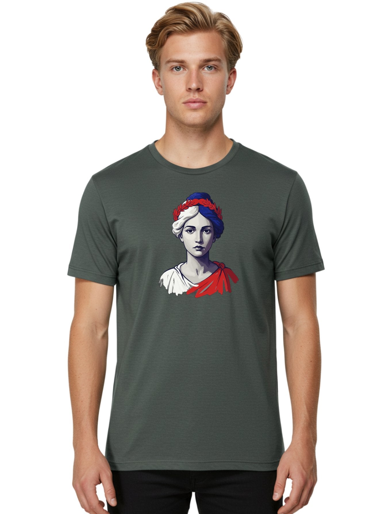 Marianne Men'S Graphic Tee, 100% Cotton, Comfortable Casual Summer Wear, Machine Washable, Woman Wearing Red Laurel Wreath, Red Ribbon, French Flag Colors, Symbolic Figure, National Personification, Liberty, French Culture, Classic Portrait, Bad299 22