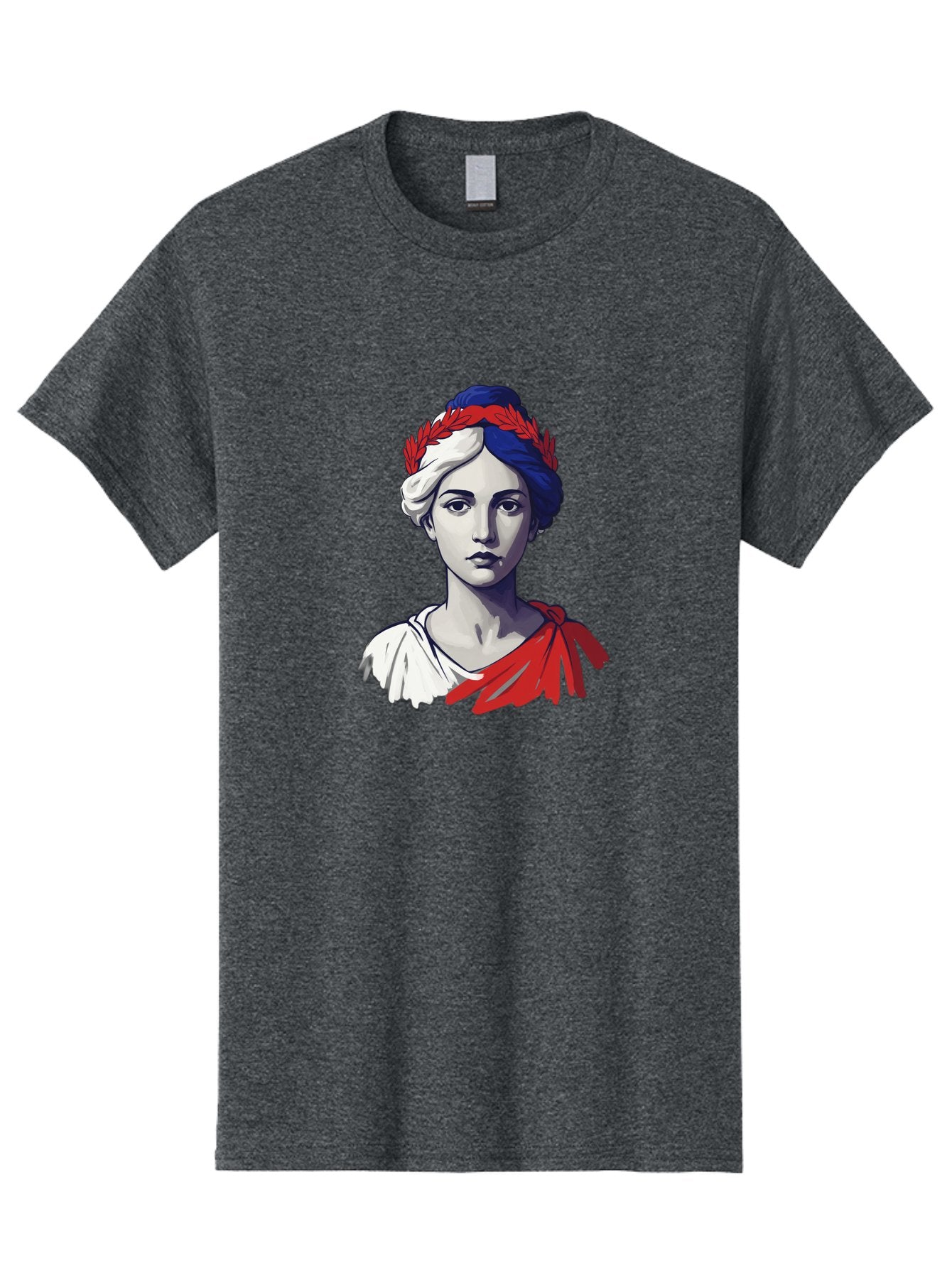 Marianne Men'S Graphic Tee, 100% Cotton, Comfortable Casual Summer Wear, Machine Washable, Woman Wearing Red Laurel Wreath, Red Ribbon, French Flag Colors, Symbolic Figure, National Personification, Liberty, French Culture, Classic Portrait, Bad299 12